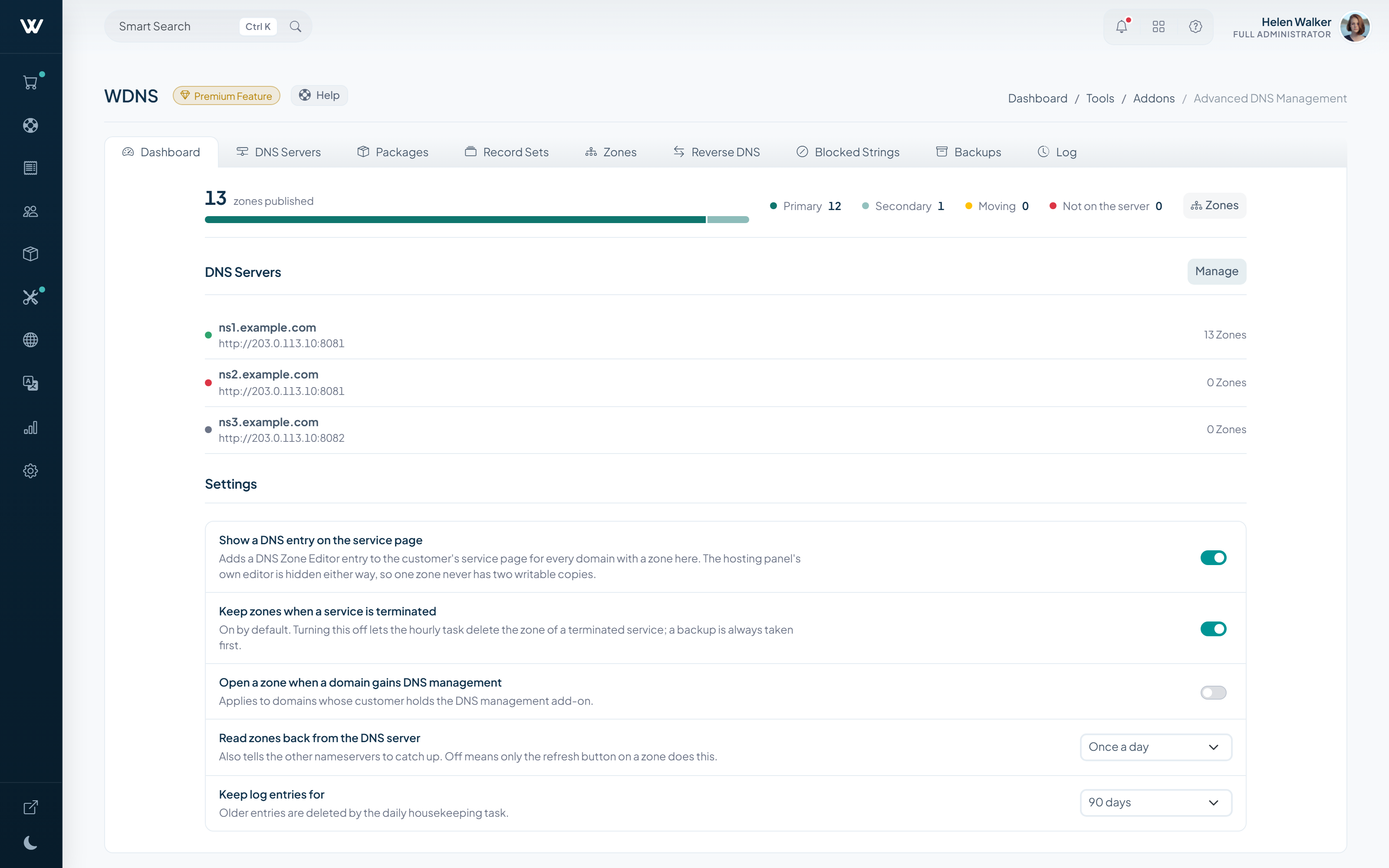 WDNS dashboard: published zones, nameserver health and zone defaults
