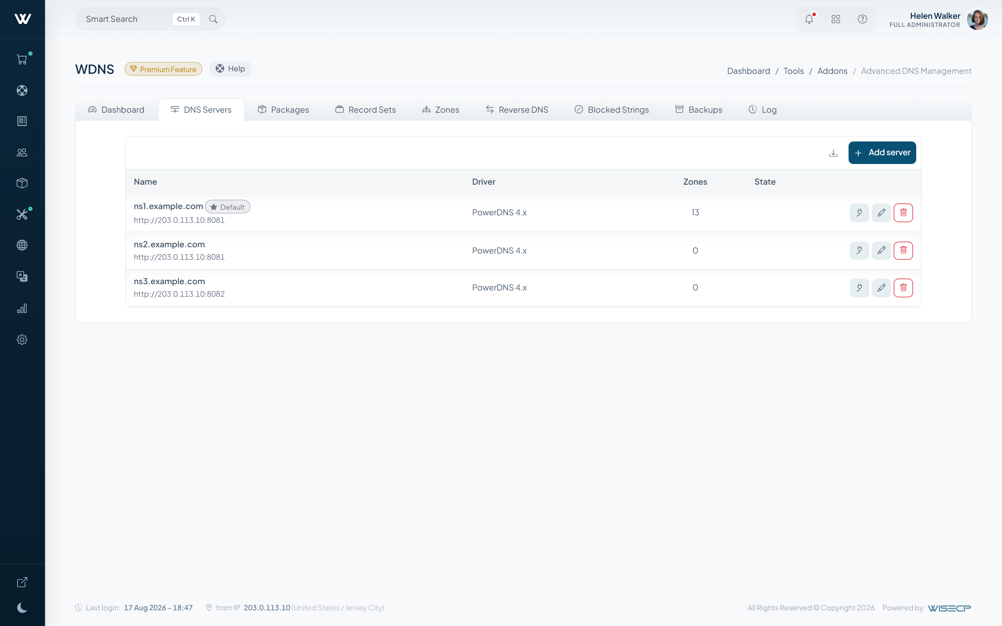 Nameserver inventory with reachability and zone distribution