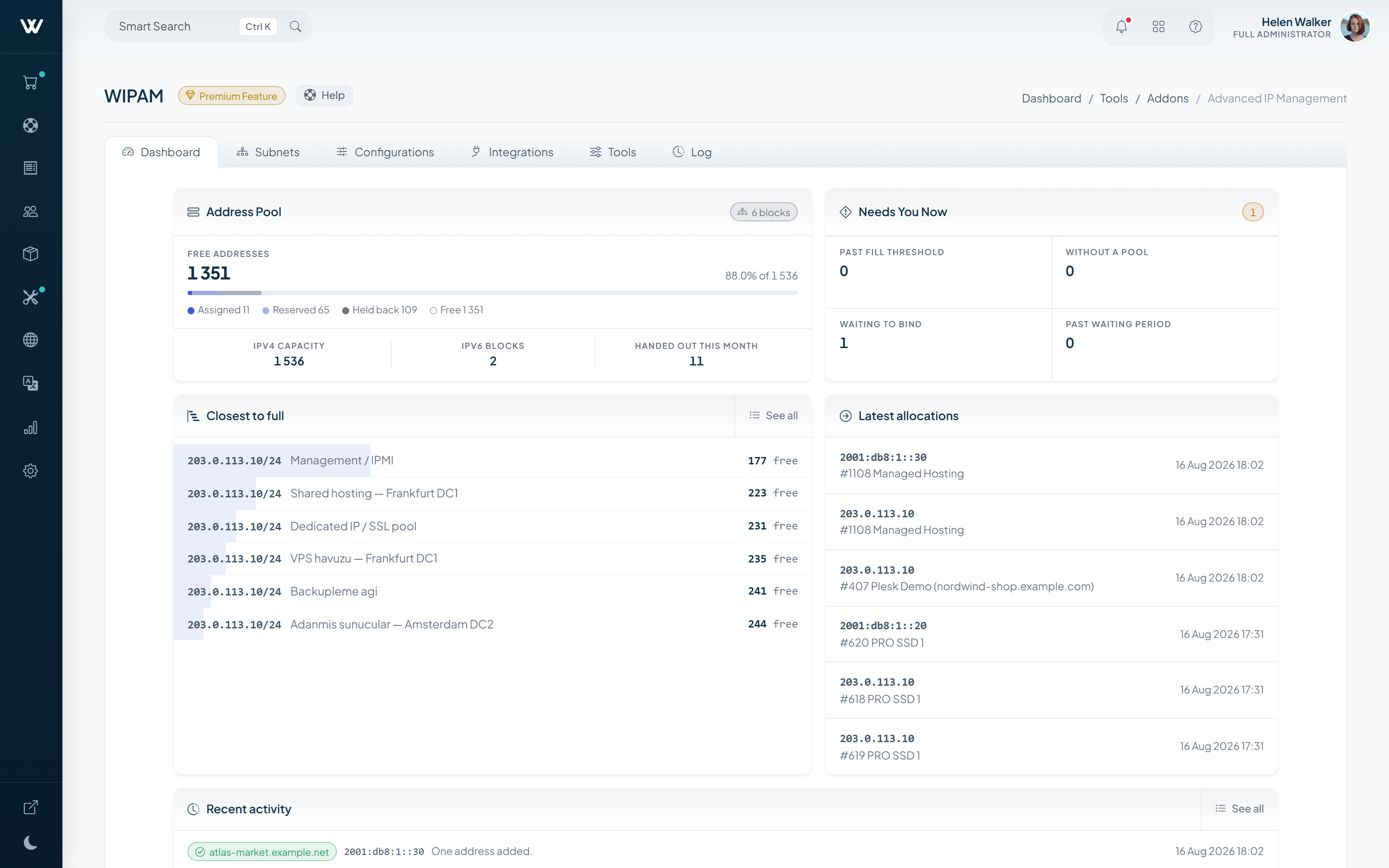 IP management dashboard: pool usage, latest allocations and subnets near capacity