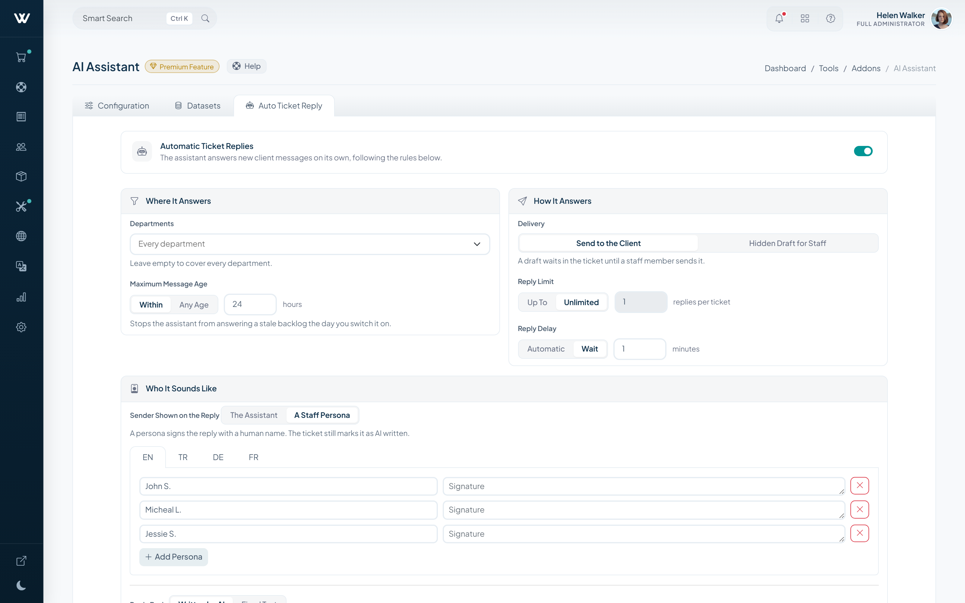 Automatic ticket reply rules, per department and per language