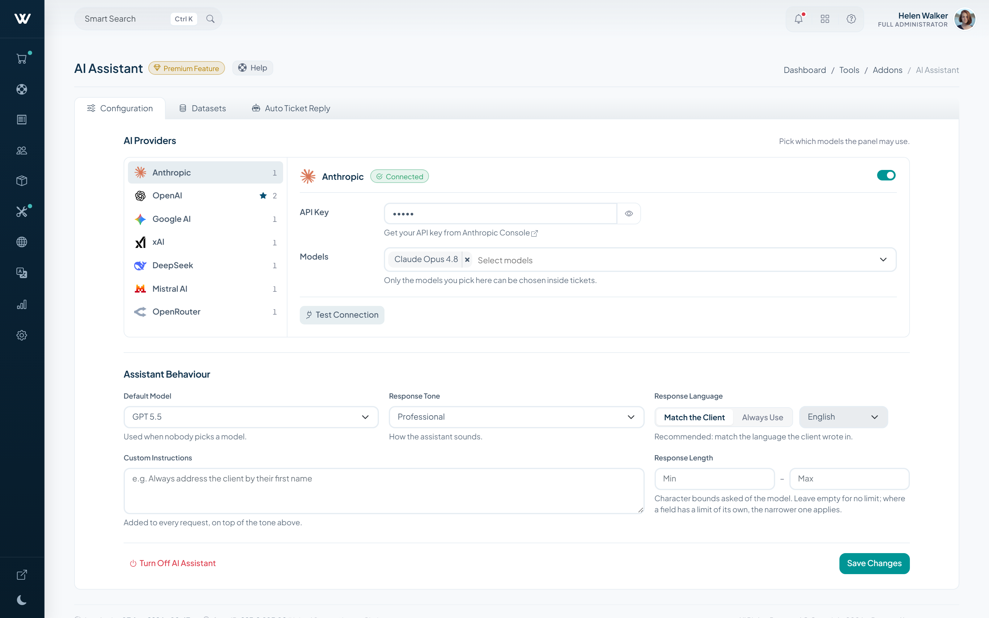 AI Assistant configuration with model provider selection