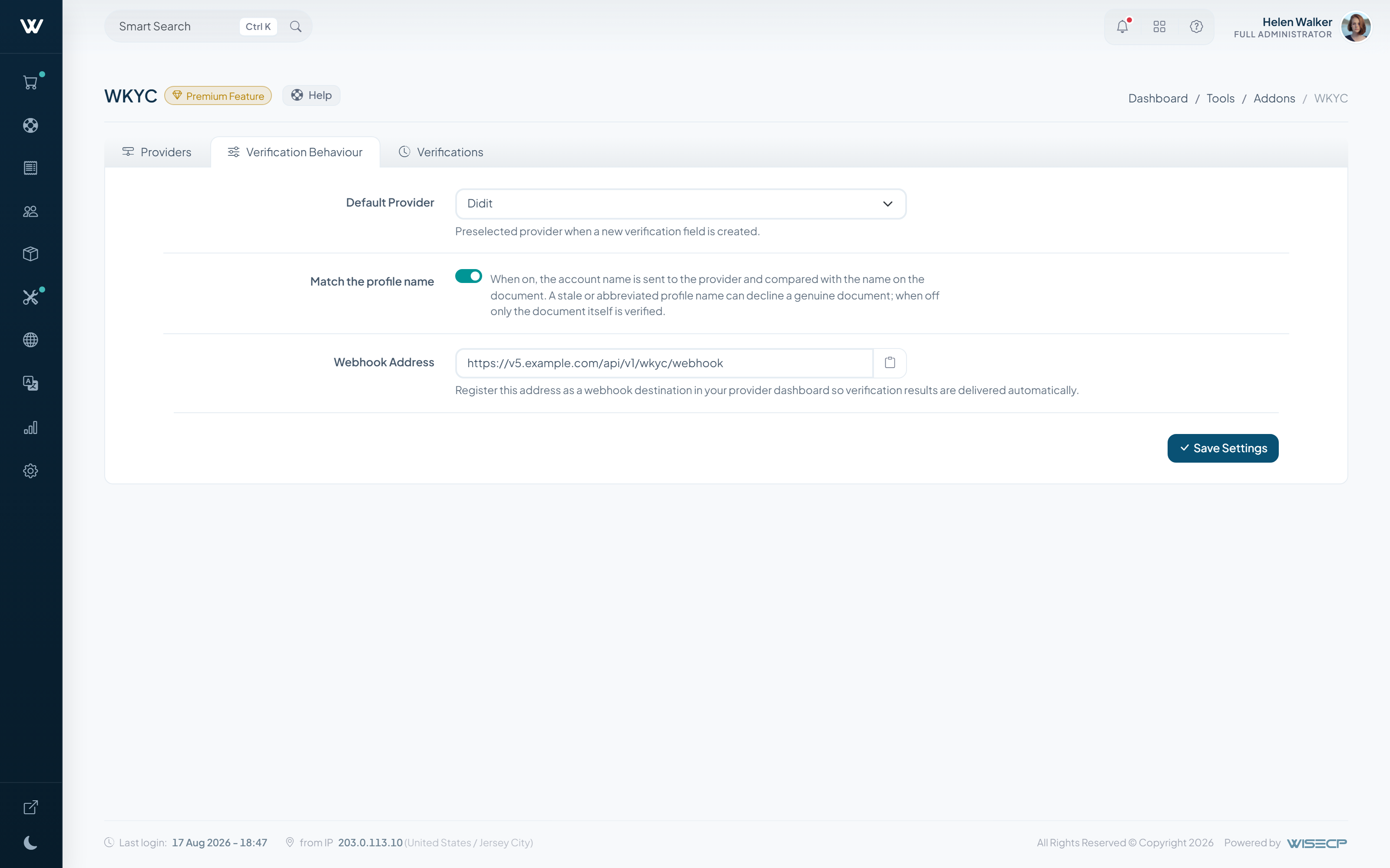 Verification behaviour: default provider, profile name matching and webhook address