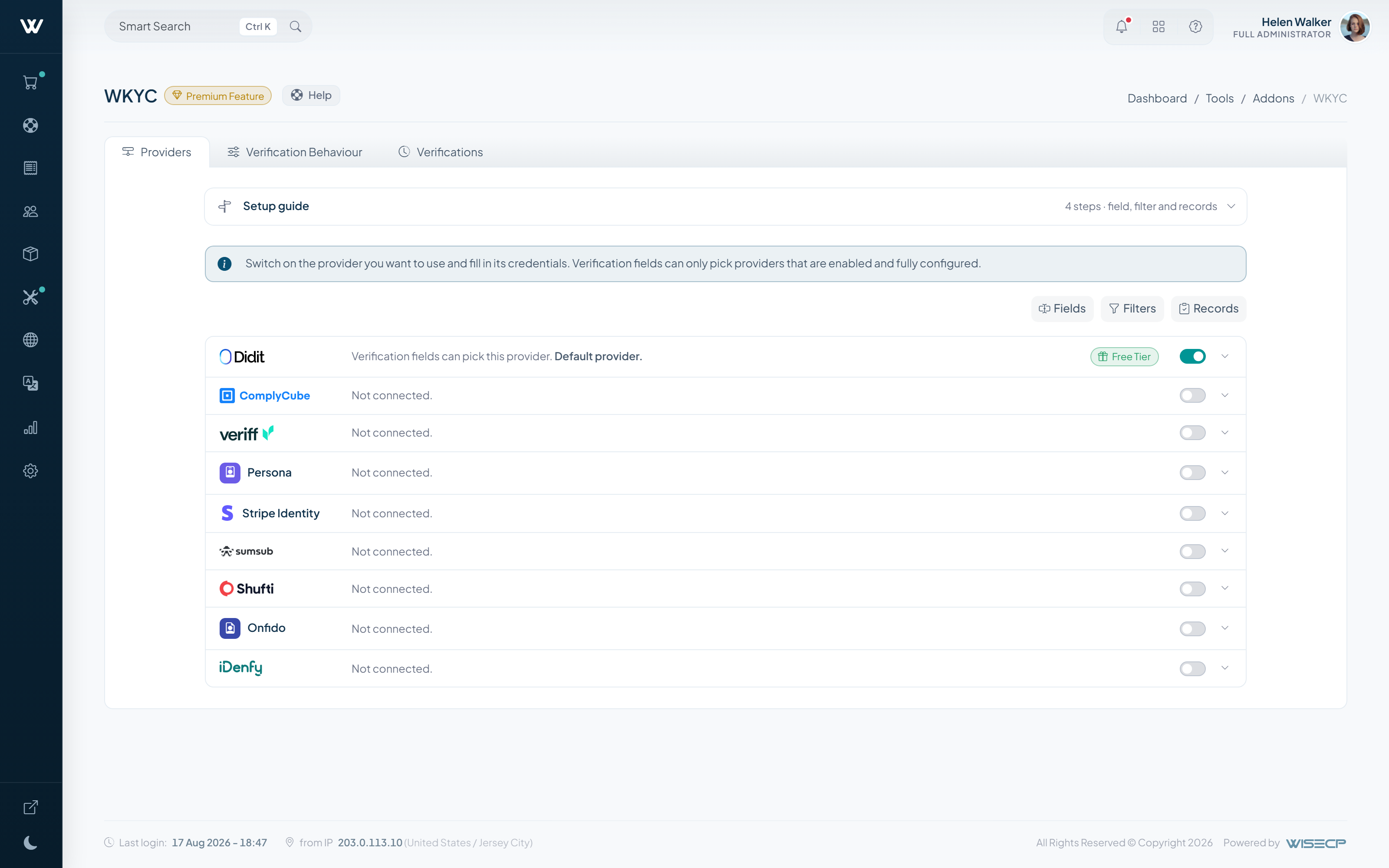 Identity verification providers and their connection status