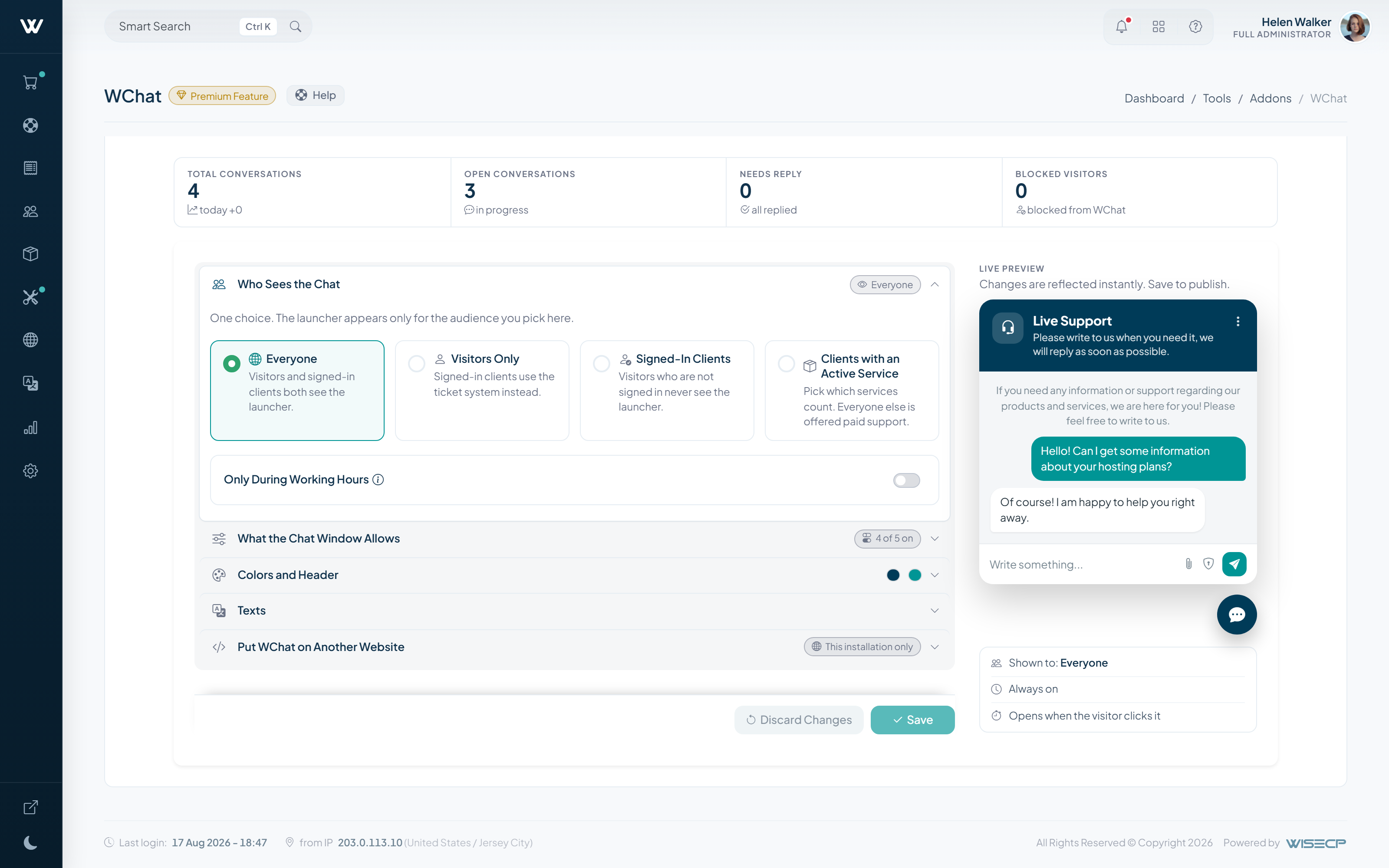 Live chat settings with an instant preview of the visitor widget