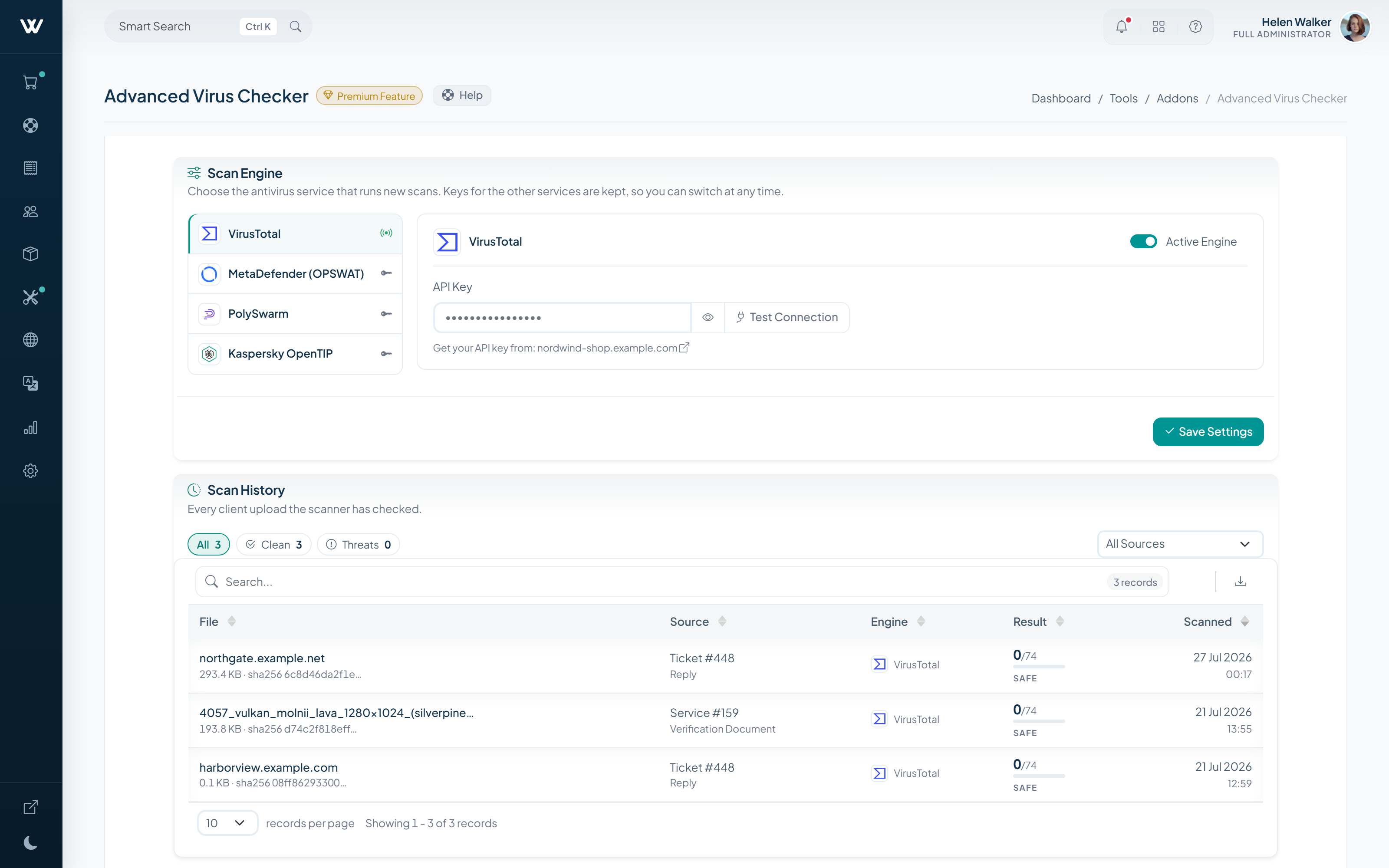 Virus scanner settings for uploaded files and client submissions