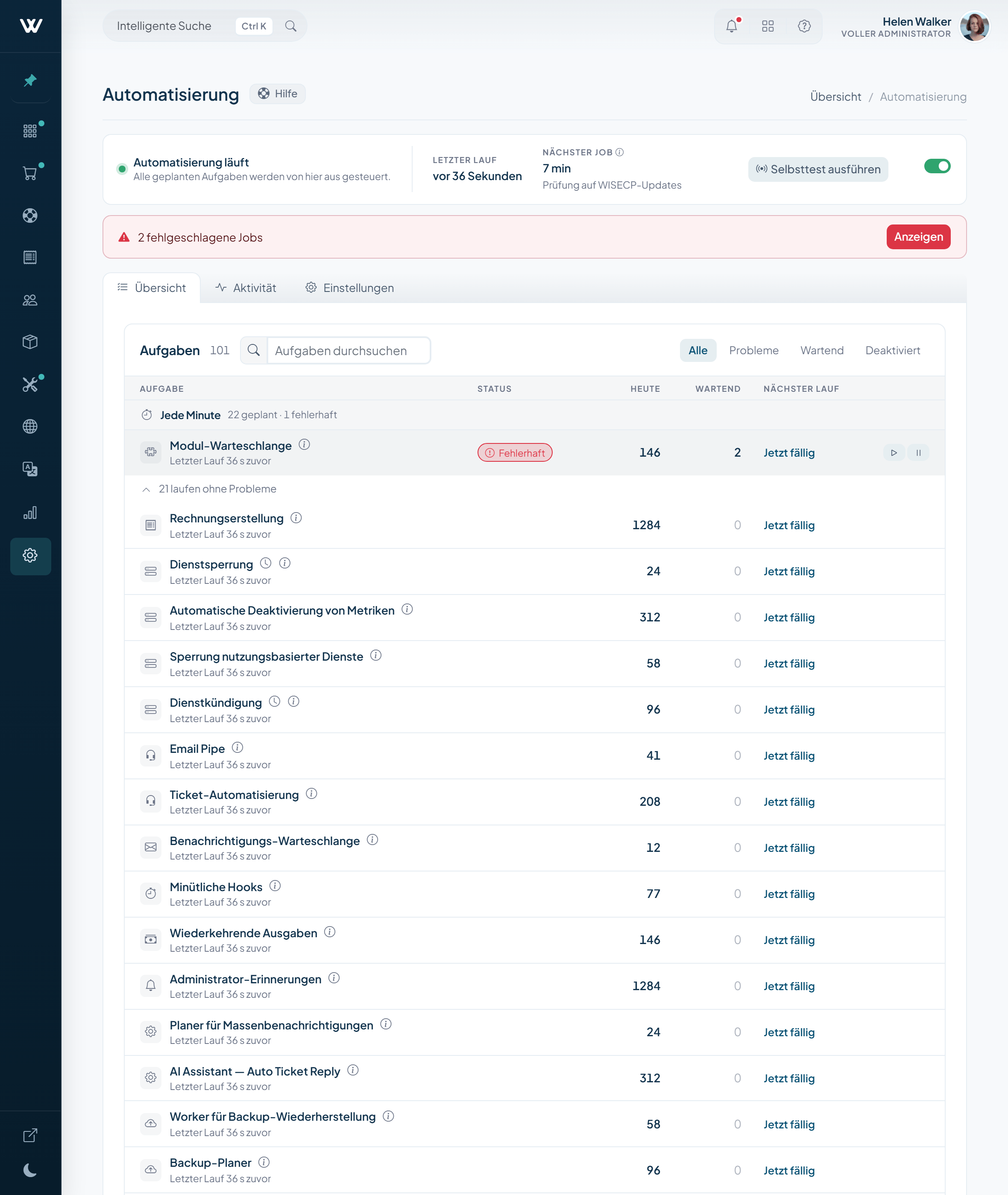 WISECP v5-Automatisierungszentrale mit Aufgabenkatalog, Ausführungssteuerung und Systemstatus
