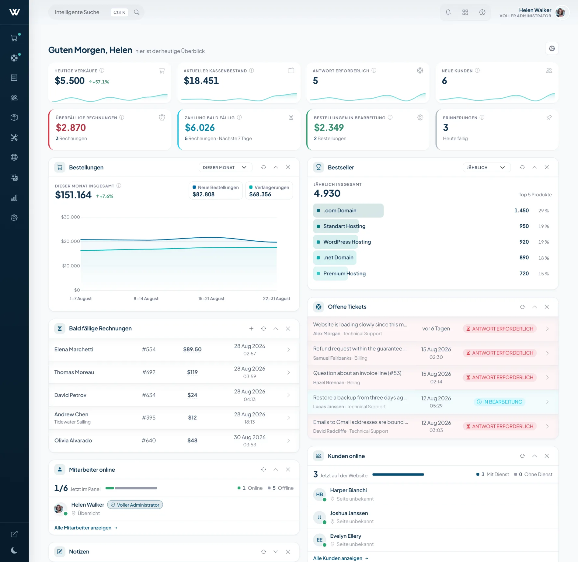 WISECP v5-Administrator-Cockpit mit gruppierter Navigation, Live-Tabellen und kontextbezogenen Steuerelementen