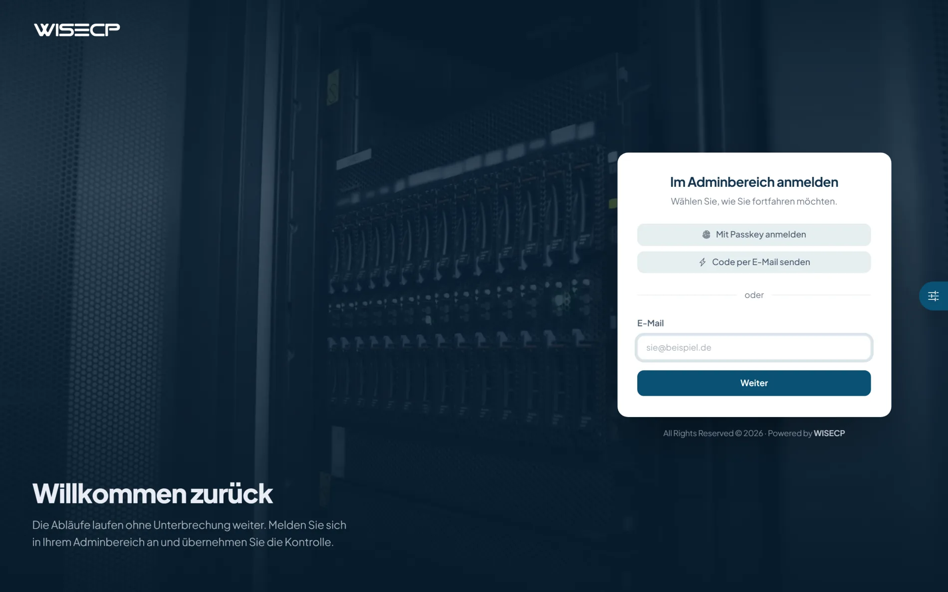 WISECP v5-Administratoranmeldung mit persönlicher Begrüßung, Passkey-Anmeldung und Code per E-Mail