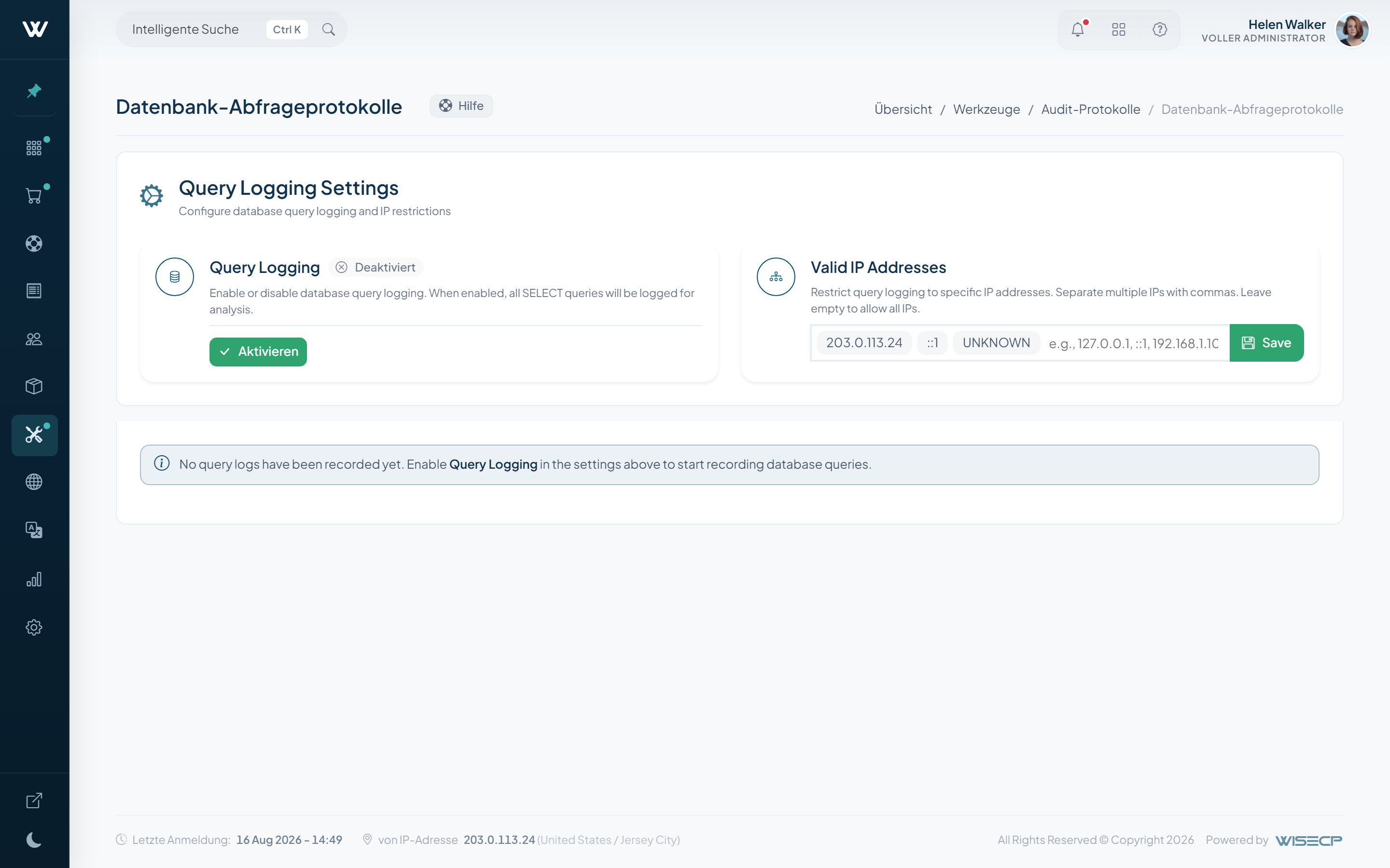 WISECP v5-Datenbankabfrageprotokolle mit einer auf IP-Adressen beschränkten Diagnoseansicht