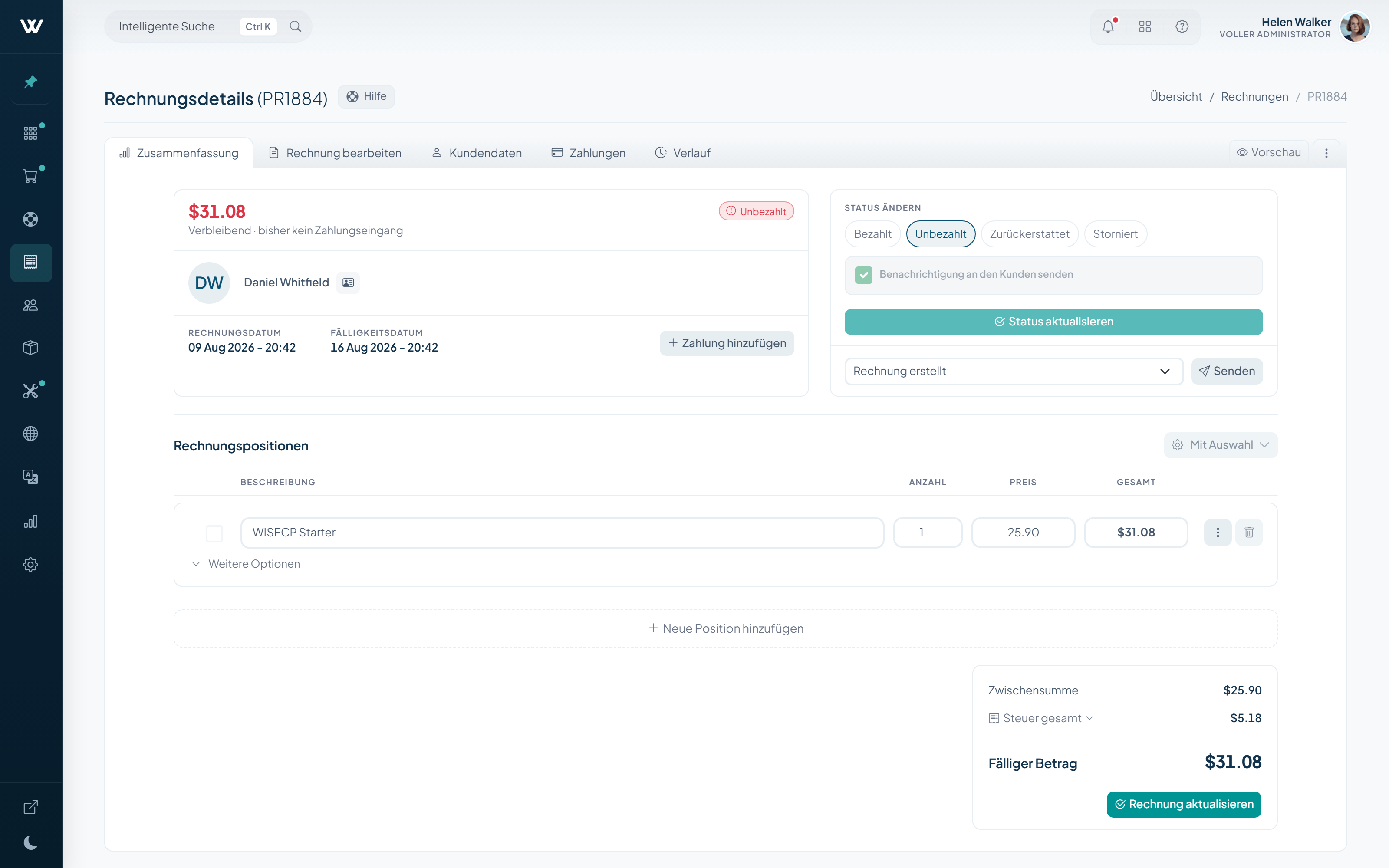 WISECP v5-Rechnungsdetails, in denen Positionen, Summen und Zahlungsverlauf auf einem Bildschirm bearbeitet werden