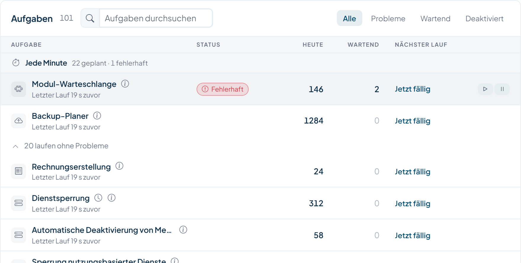 WISECP-Automatisierungsübersicht mit nach Zeitplan gruppierten, durchsuchbaren Aufgaben, Aufgabenfiltern sowie Optionen zum Ausführen oder Pausieren einzelner Aufgaben
