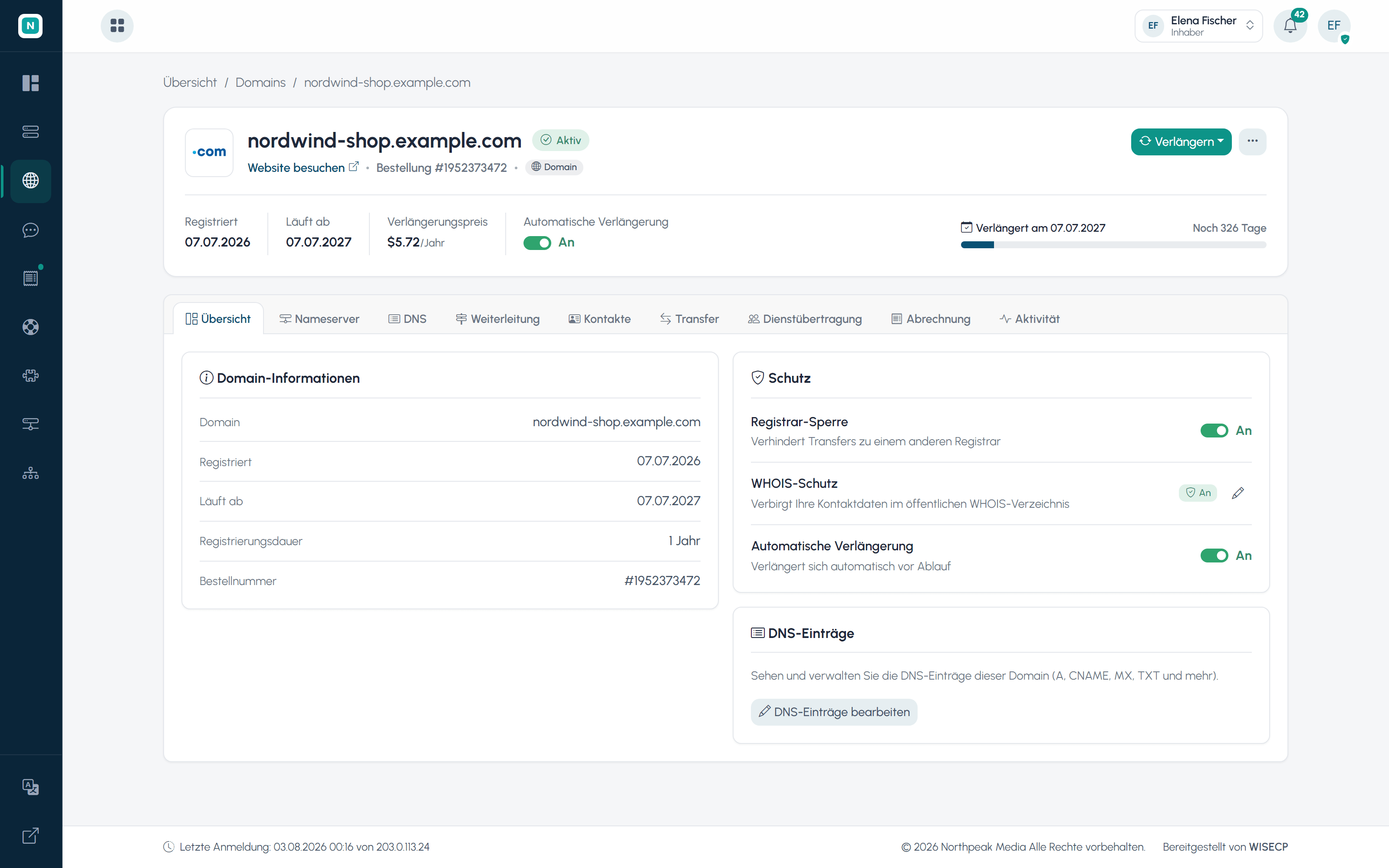 WISECP-Domainverwaltung: Eine Domain mit Registrar, Ablaufdatum, DNS und Kontakten