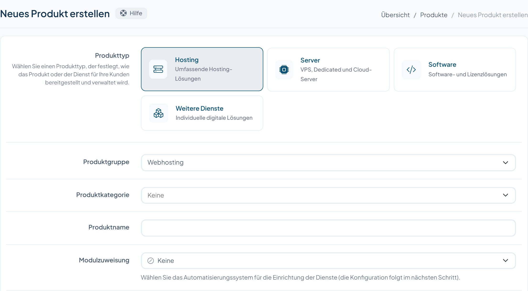 WISECP-Ansicht zur Erstellung eines neuen Produkts mit den Produkttypen Hosting, Server, Software und sonstige Dienste