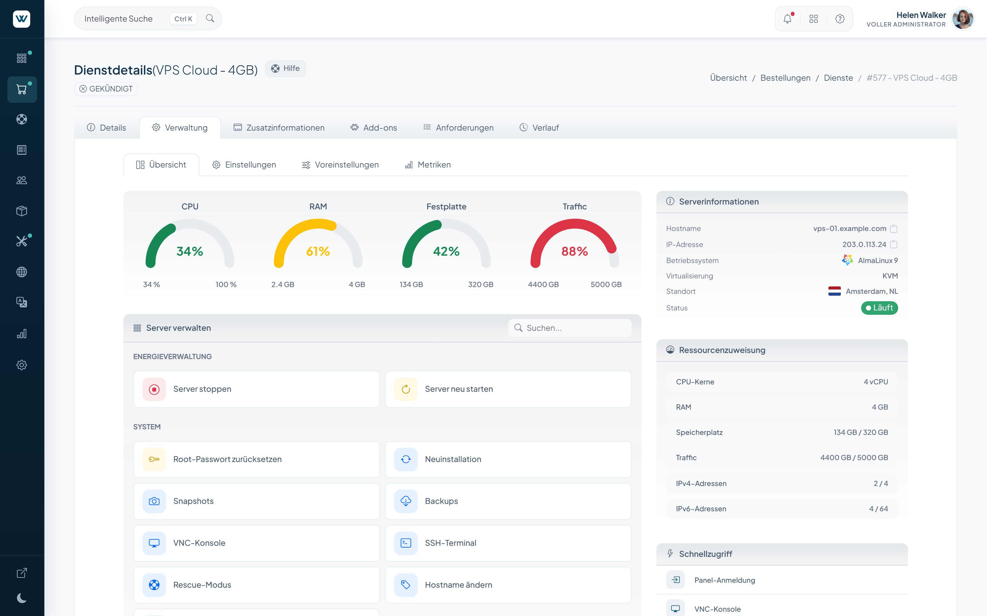 WISECP-Verwaltung eines Serverdienstes: Energiesteuerung, Neuinstallation, Snapshots und eine VNC-Konsole mit Live-Ressourcenanzeigen