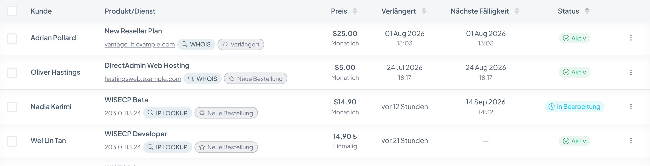 WISECP-Dienstetabelle mit Hostingkonten, Status, Server und nächstem Fälligkeitsdatum