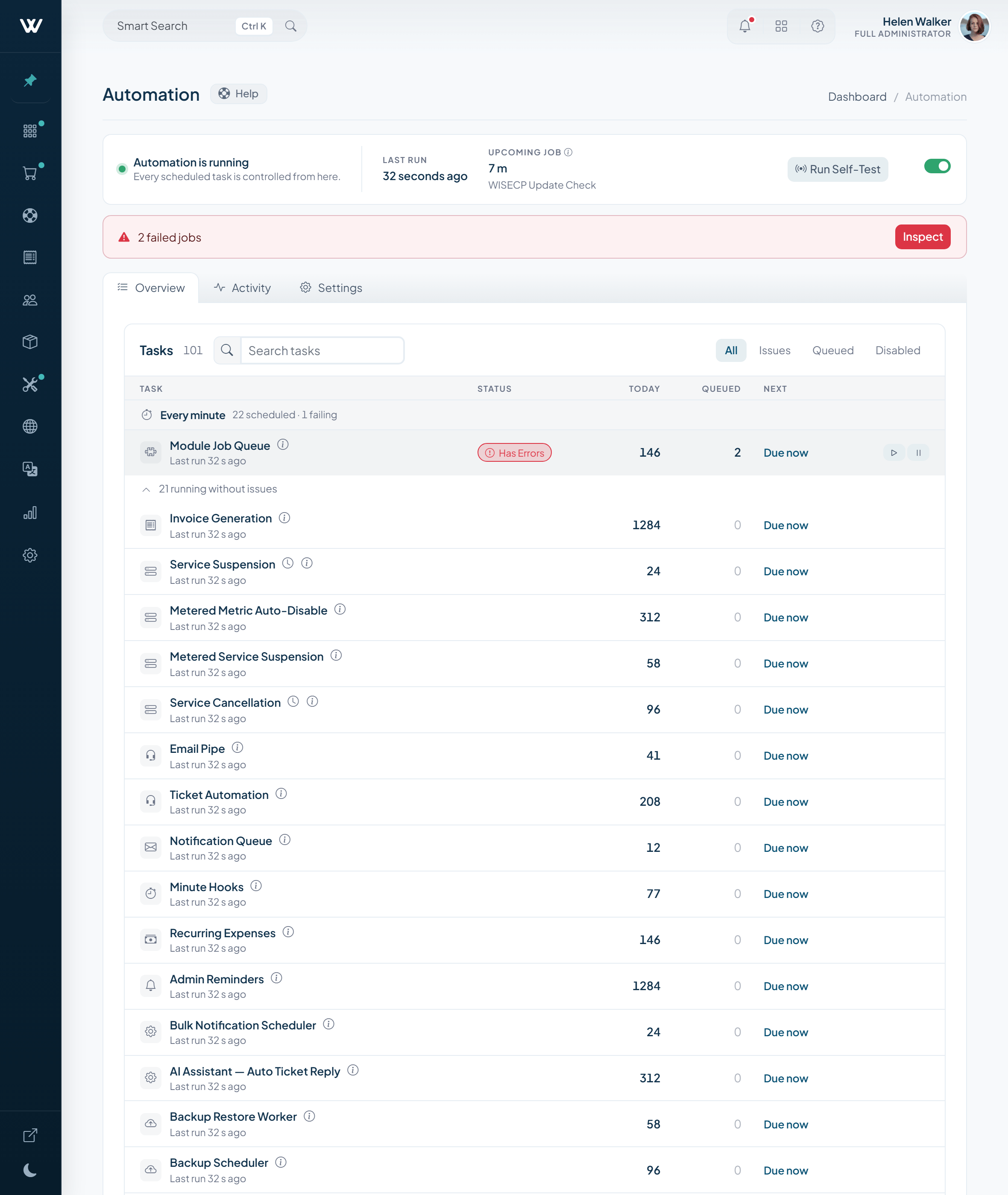 WISECP v5 automation hub with task catalog, run controls and system status