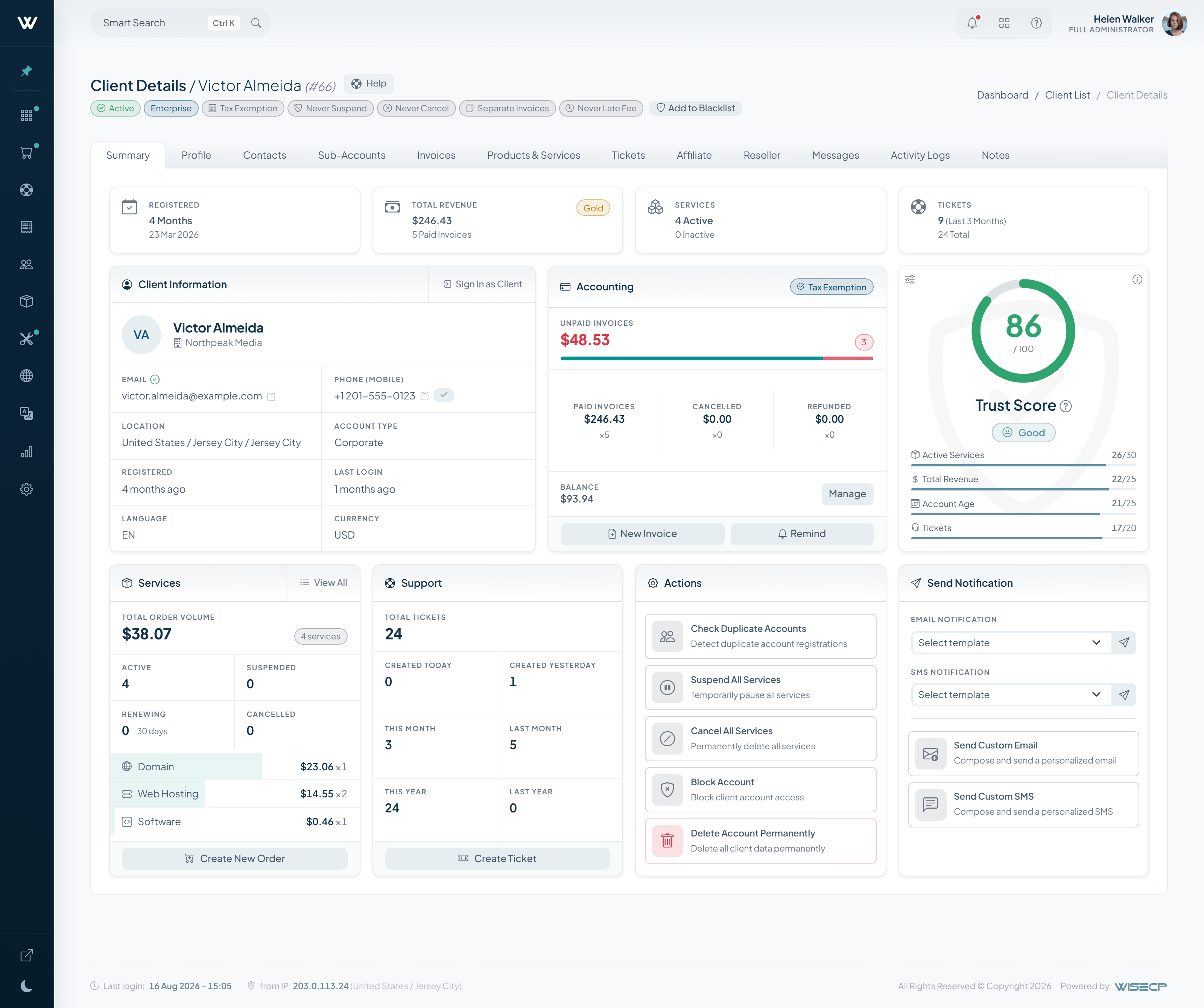 WISECP v5 client detail with the Trust Score gauge and relationship badges