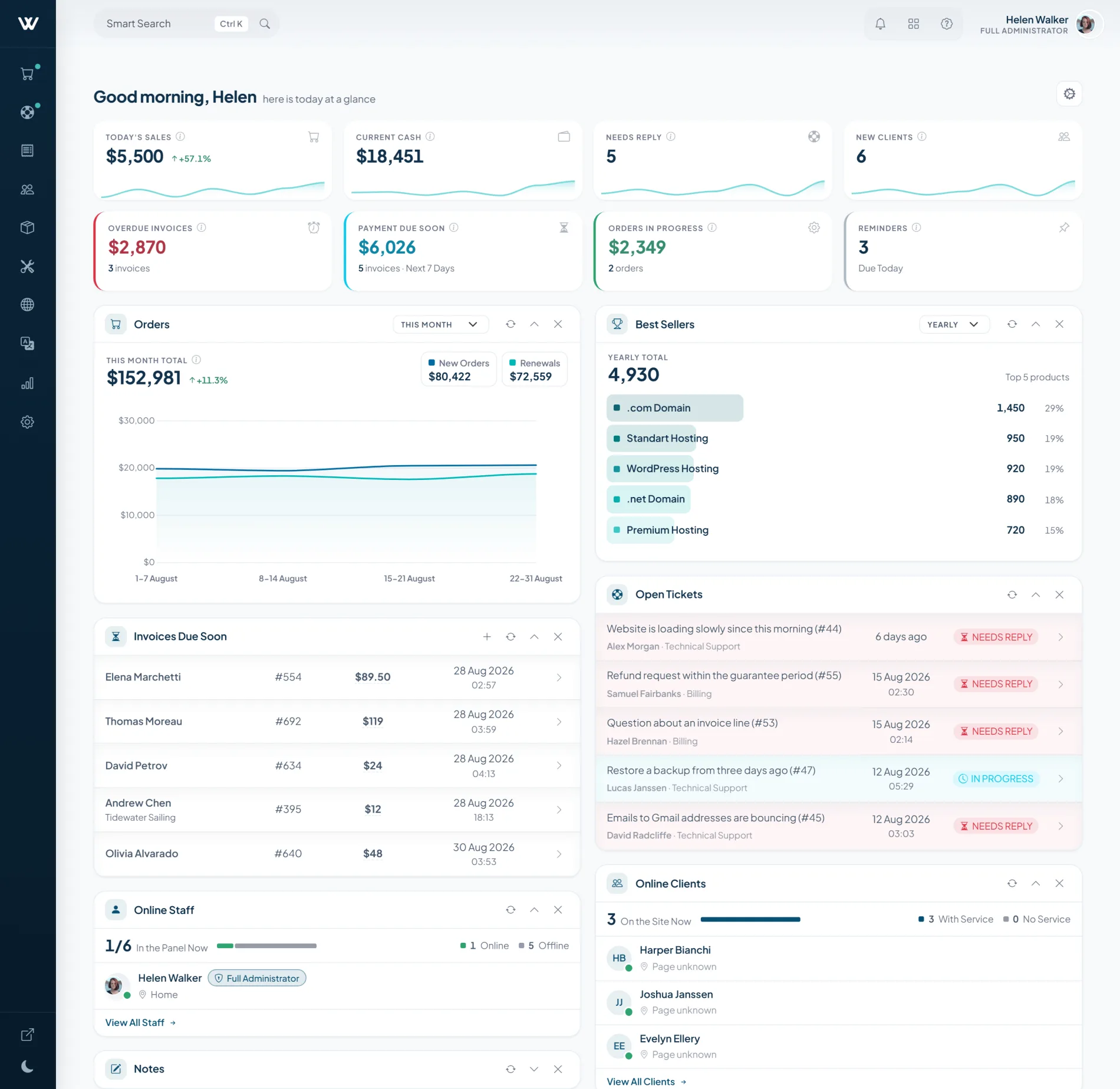 WISECP v5 admin cockpit with grouped navigation, live tables and contextual controls