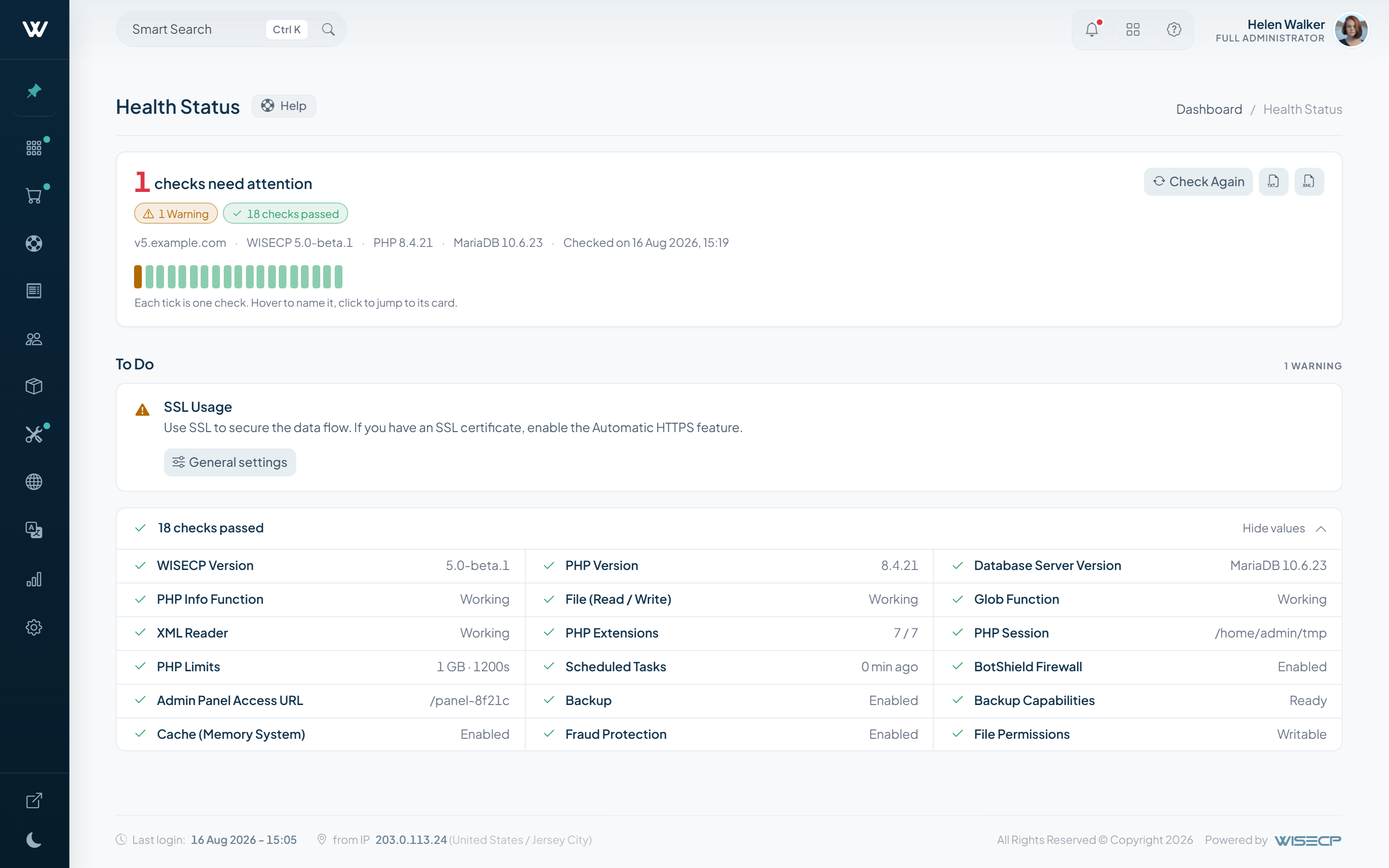WISECP v5 system health view with clearer diagnostics and export controls