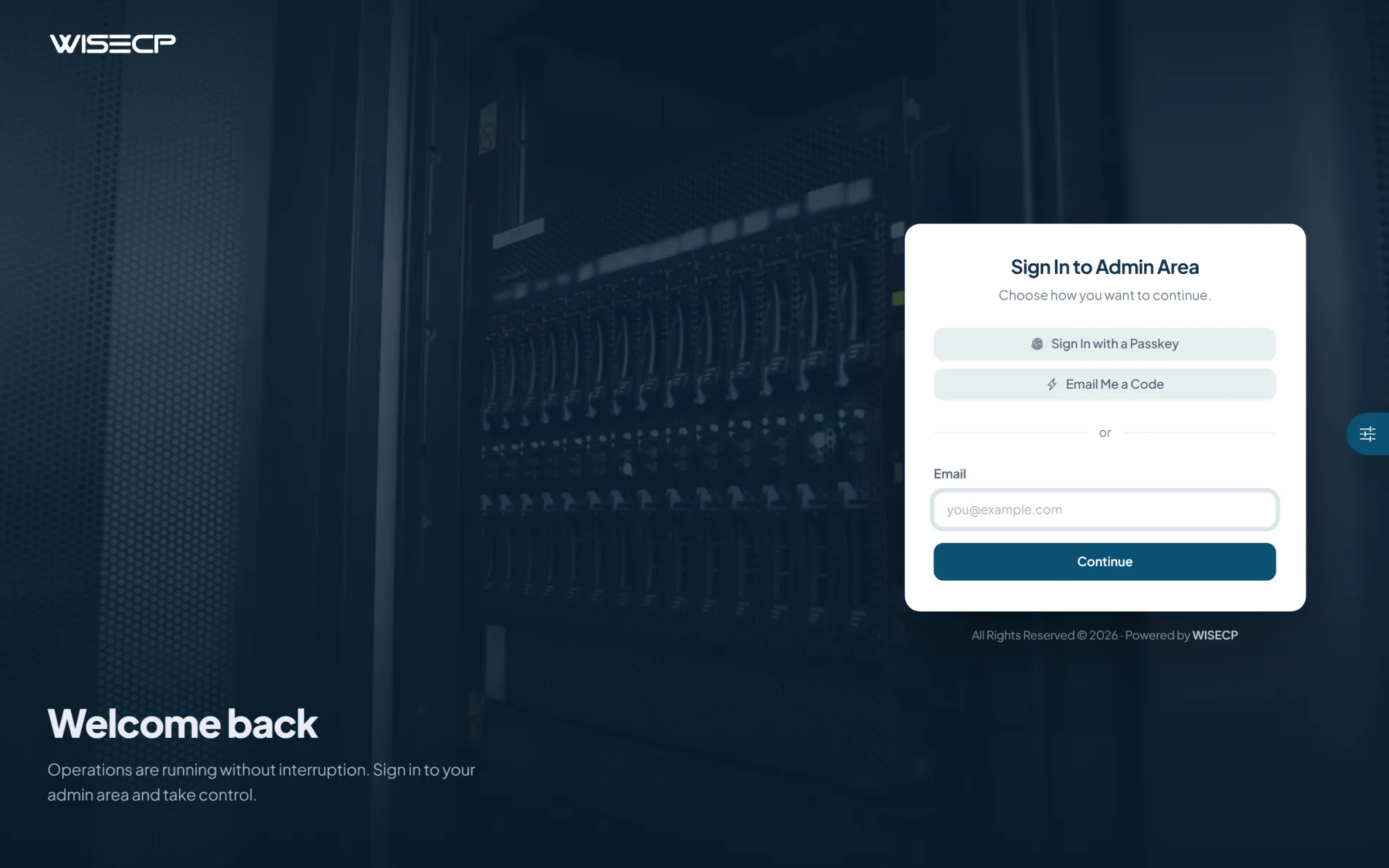 WISECP v5 admin sign-in with a personalized welcome, passkey sign-in and an emailed code