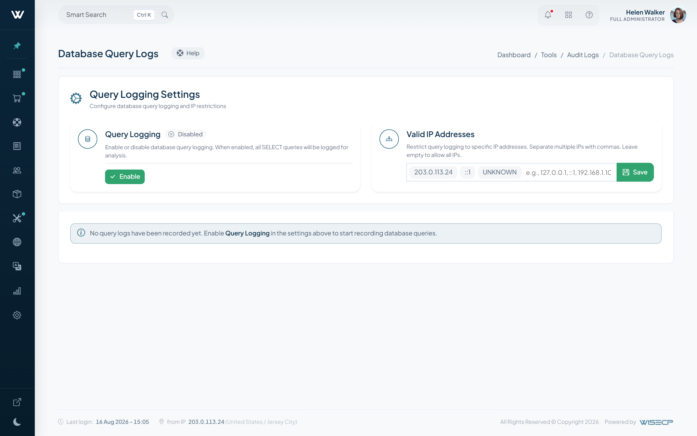 WISECP v5 database query logs with an IP-restricted diagnostic view