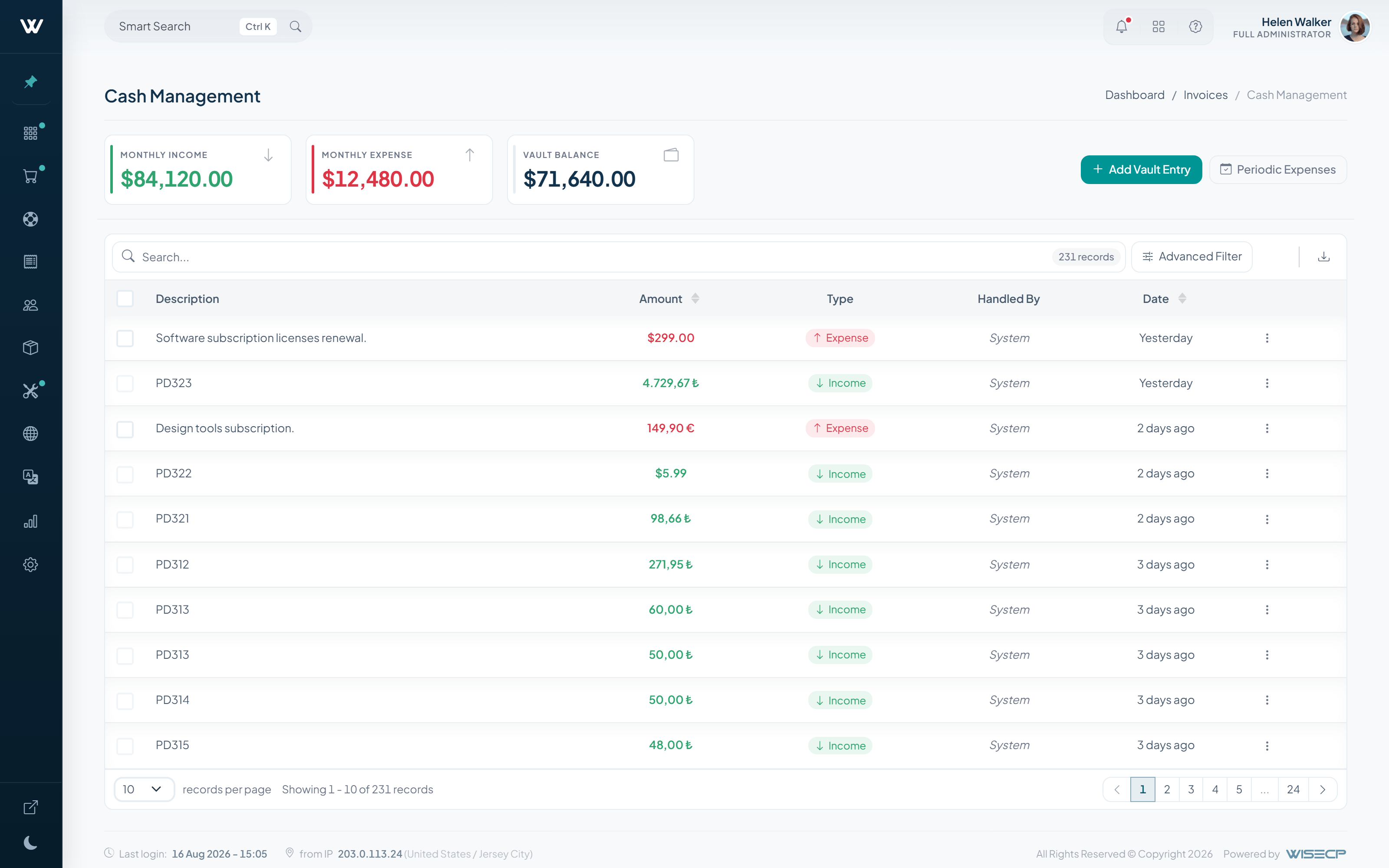 WISECP v5 cash management screen with monthly income, monthly expense and vault balance cards