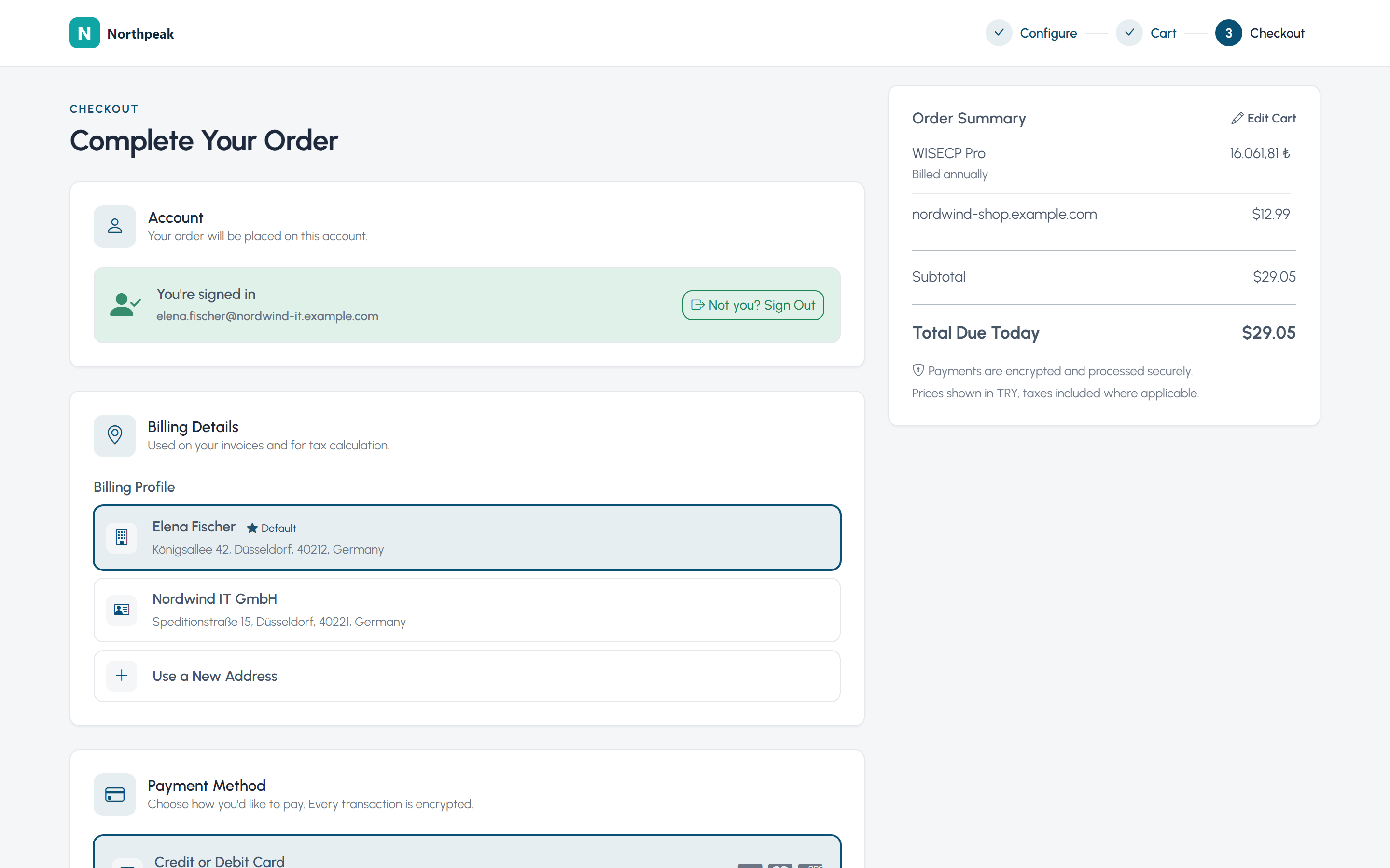 WISECP checkout with the order summary as a page column, Card layout