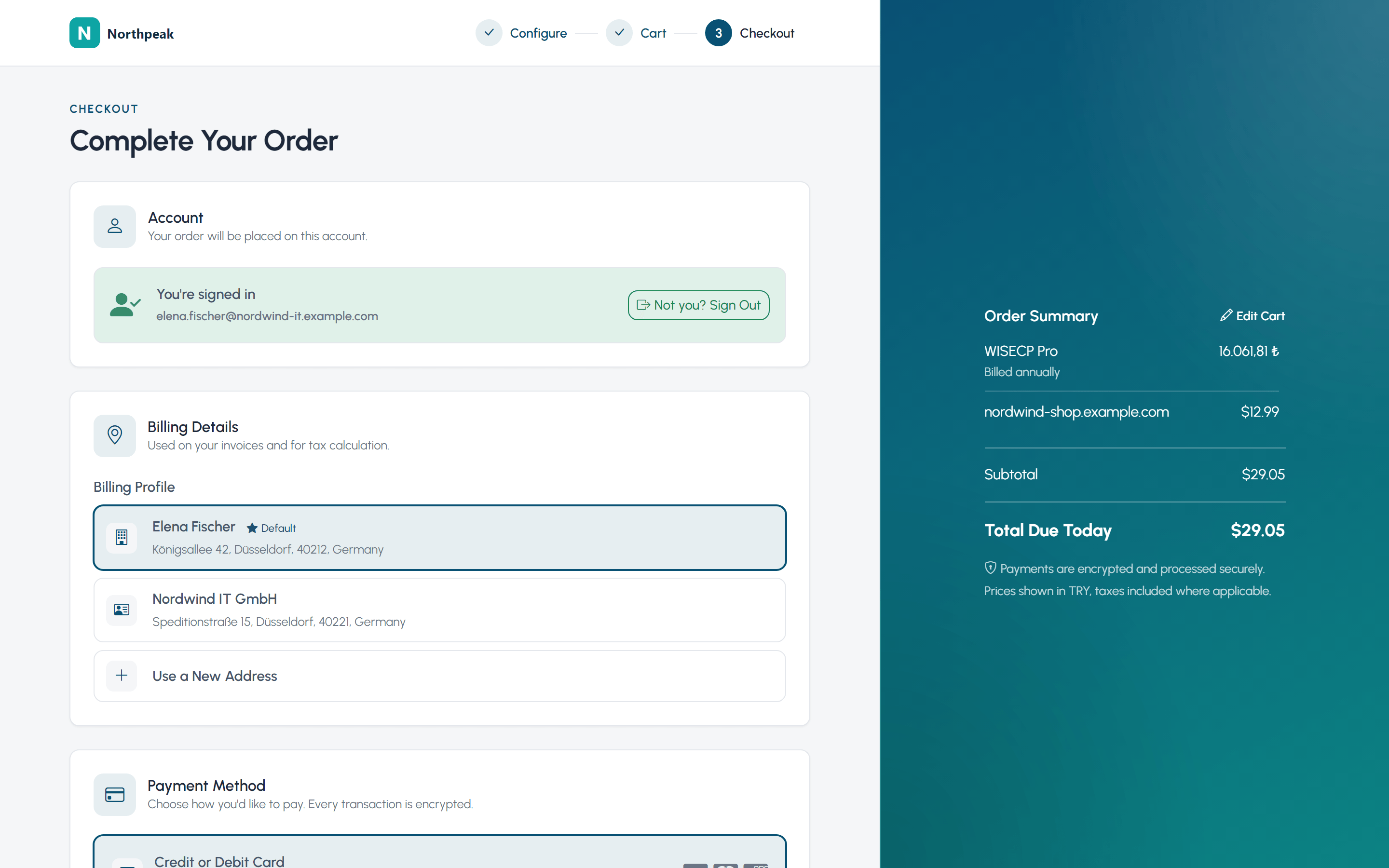 WISECP checkout with the order summary in a sticky rail, Rail layout