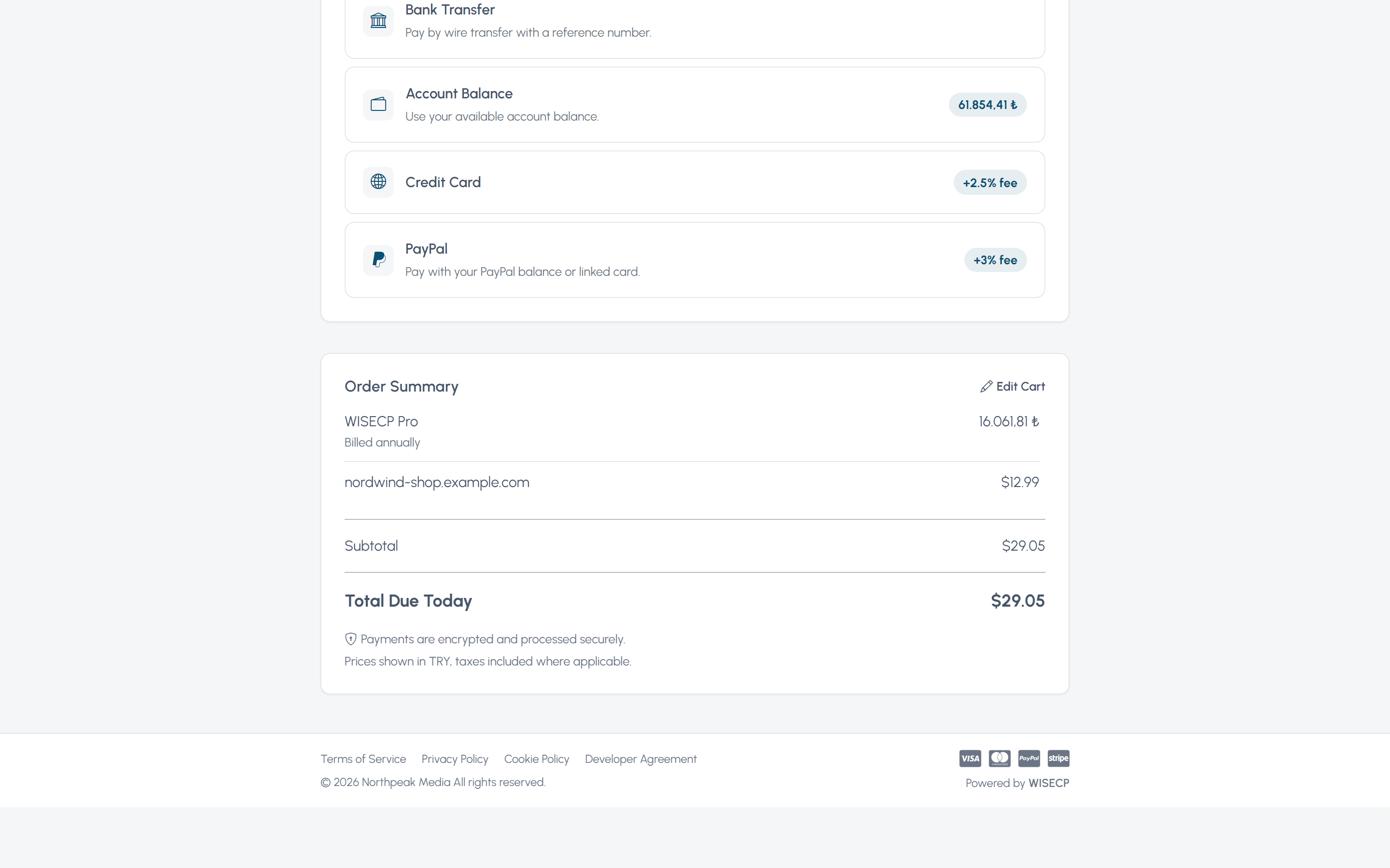 WISECP checkout with the order summary below the step, Stack layout