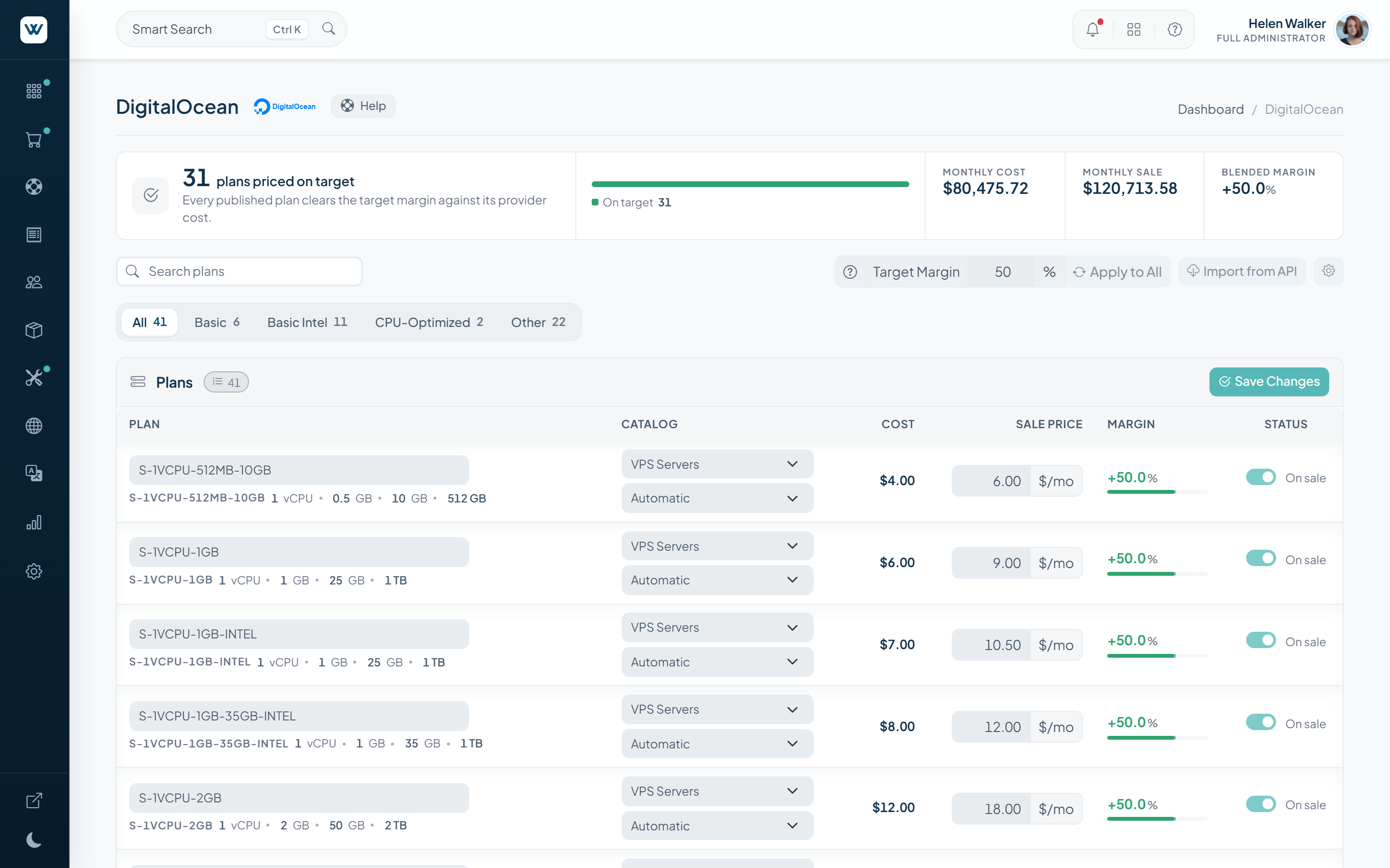 WISECP v5 DigitalOcean reseller screen with imported plans, profit rate and price sync