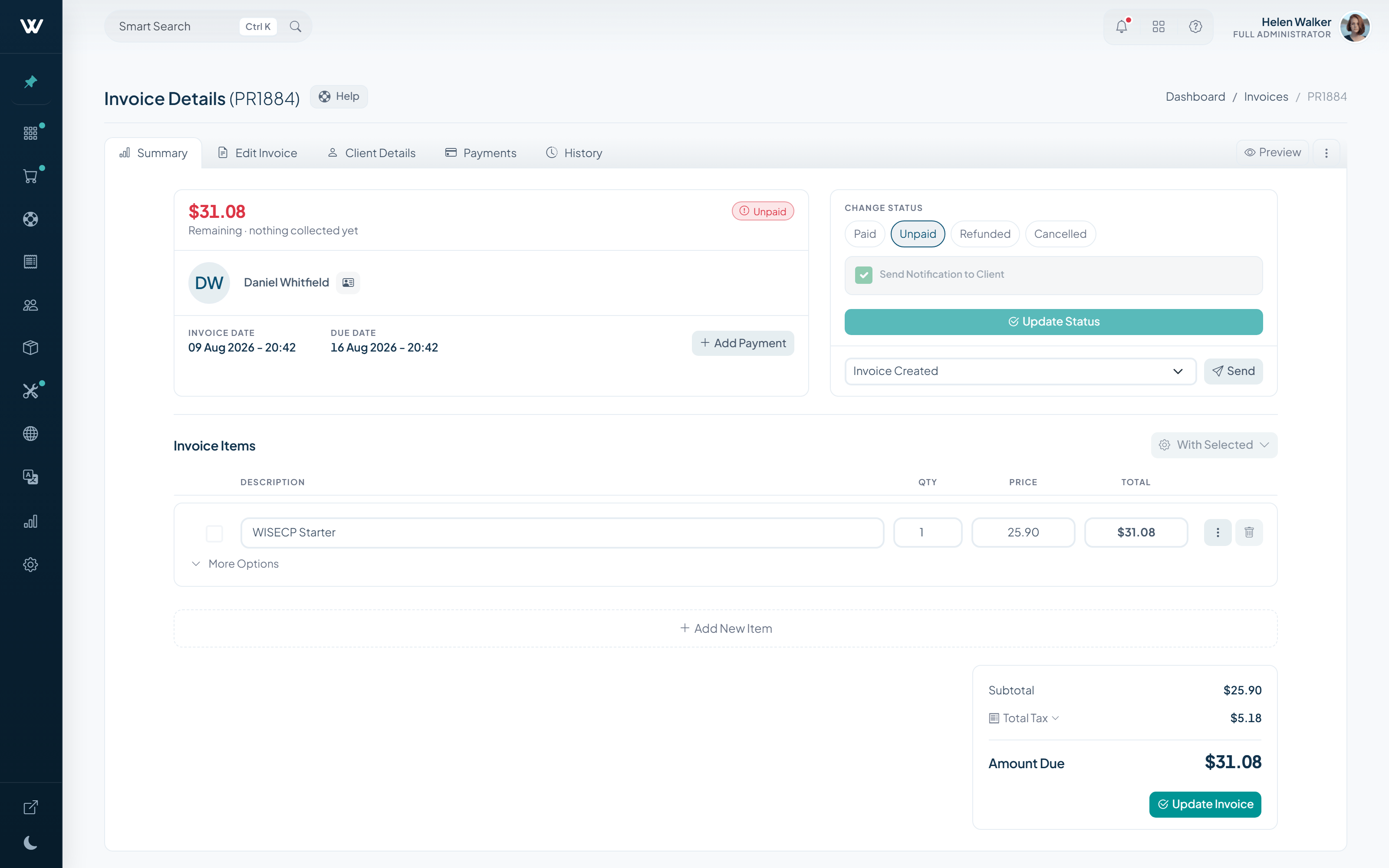 WISECP v5 invoice detail where line items, totals and payment history are edited on one screen