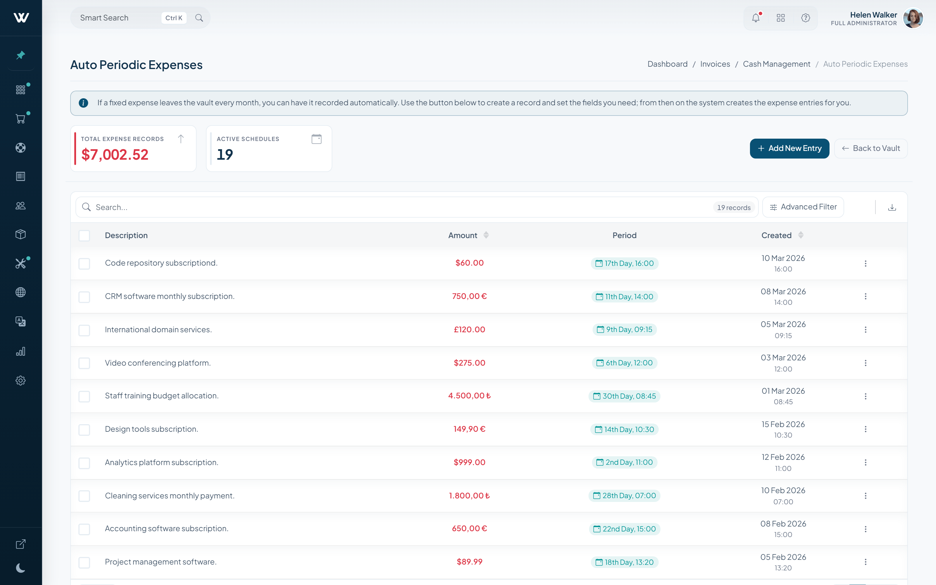 WISECP v5 automatic periodic expenses screen with total expense records and active schedule counters