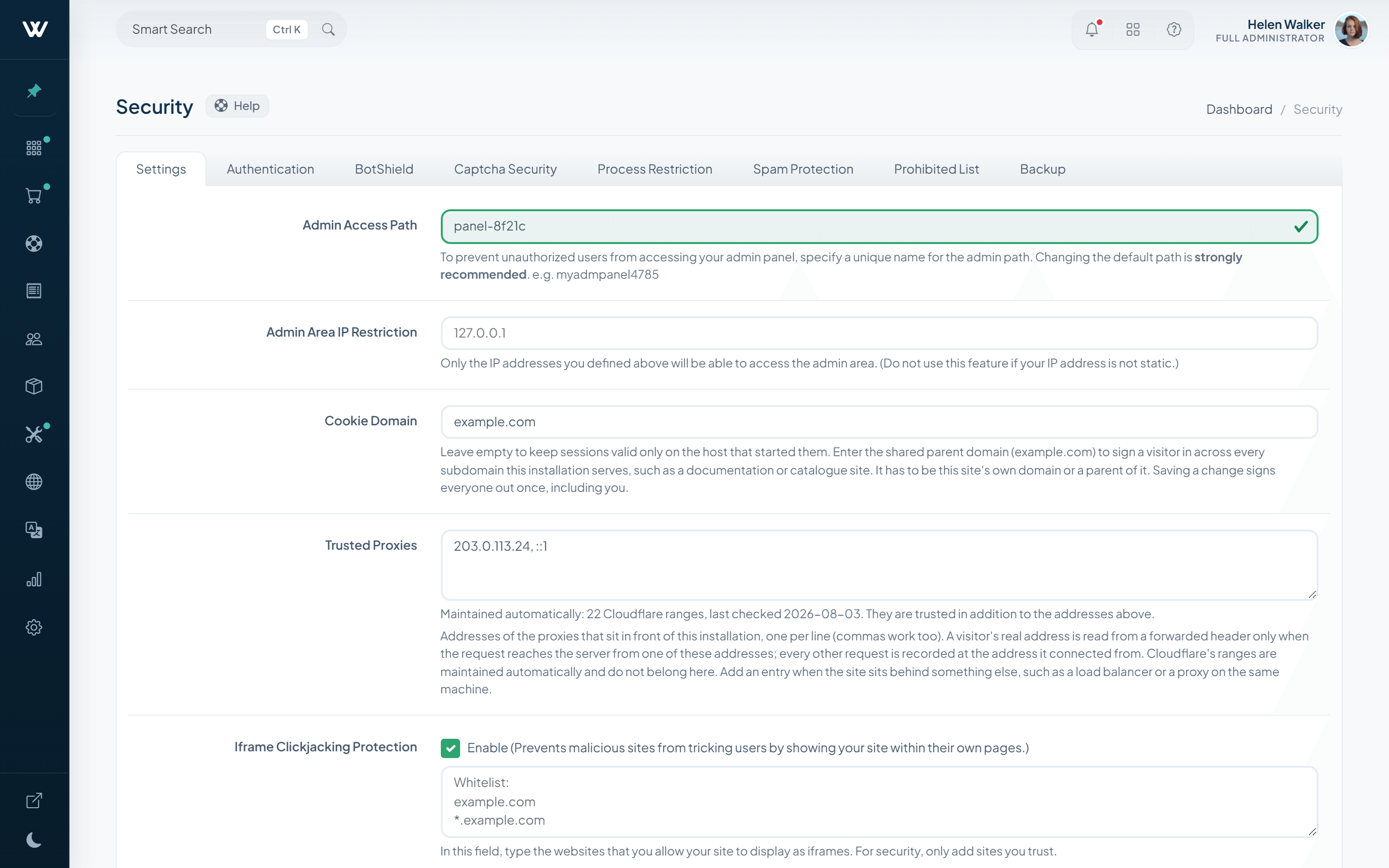 WISECP v5 security settings with the Authentication tab and password policy