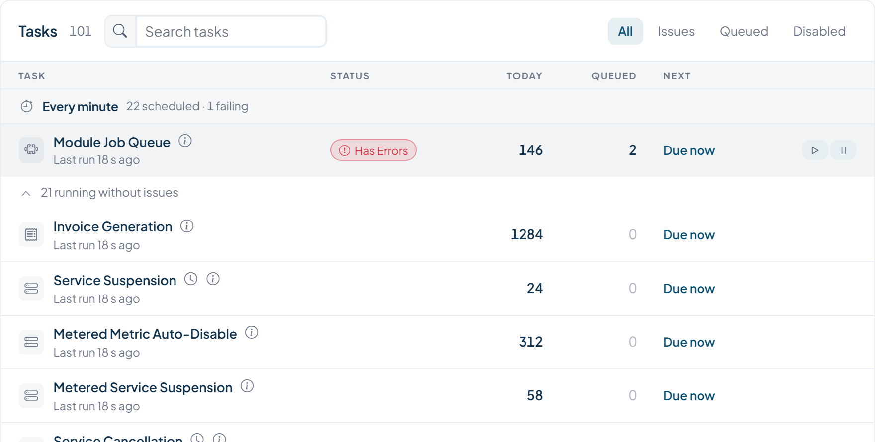 WISECP Automation Dashboard with searchable tasks grouped by schedule, task filters and per-task run or pause controls