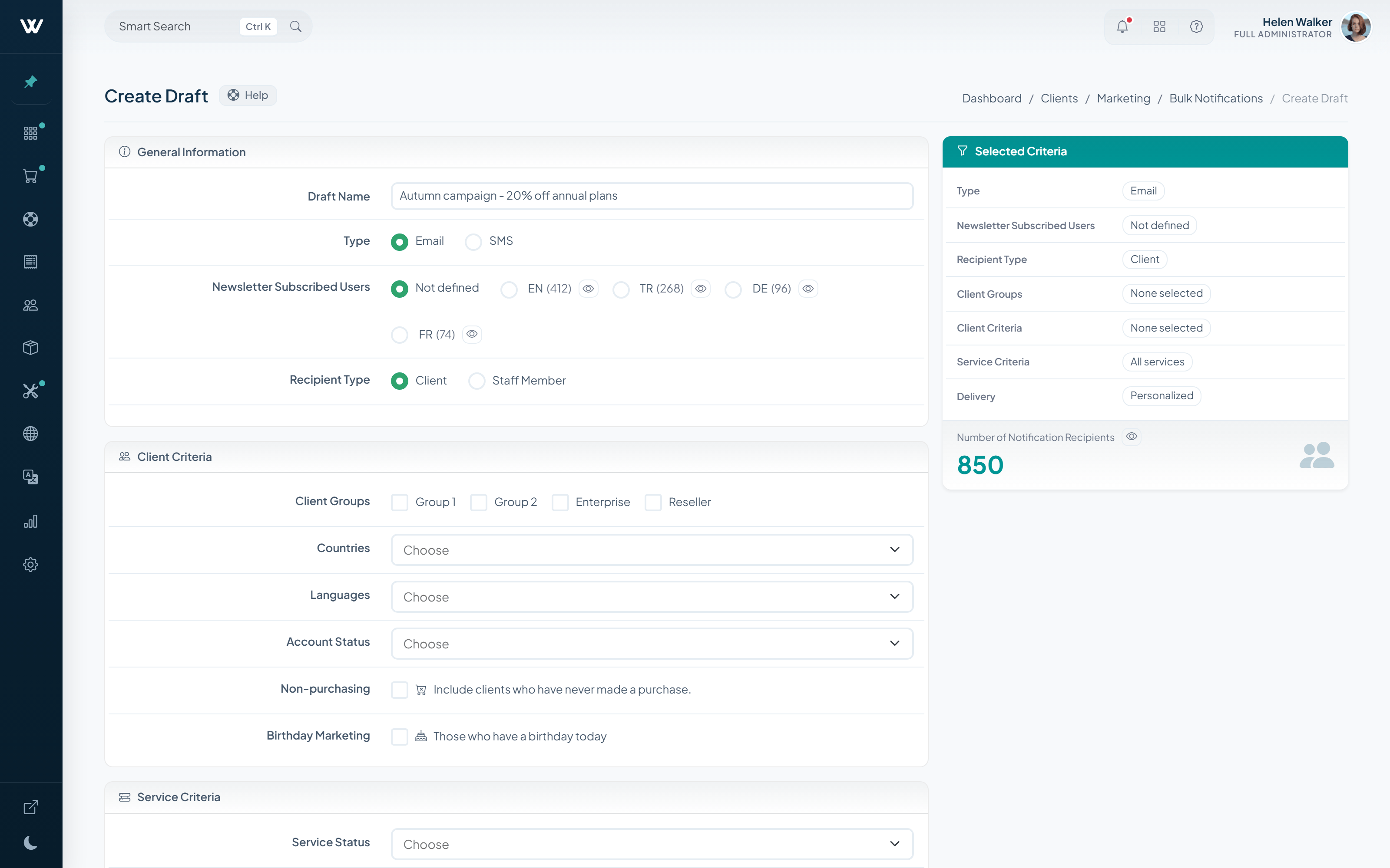 WISECP campaign builder with client, country, language, service and consent targeting criteria