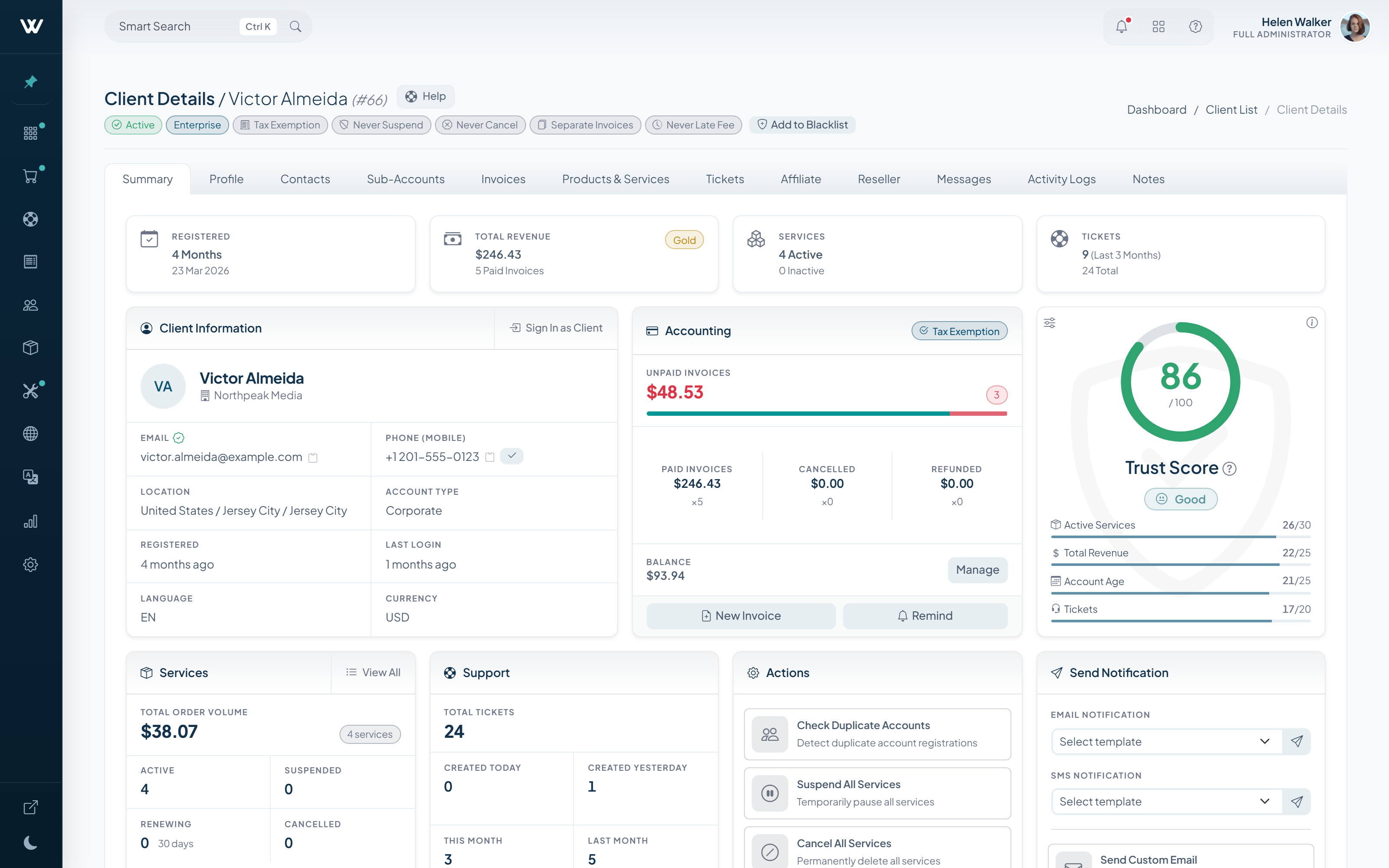 WISECP Client Details page showing identity, revenue, services, tickets and Trust Score