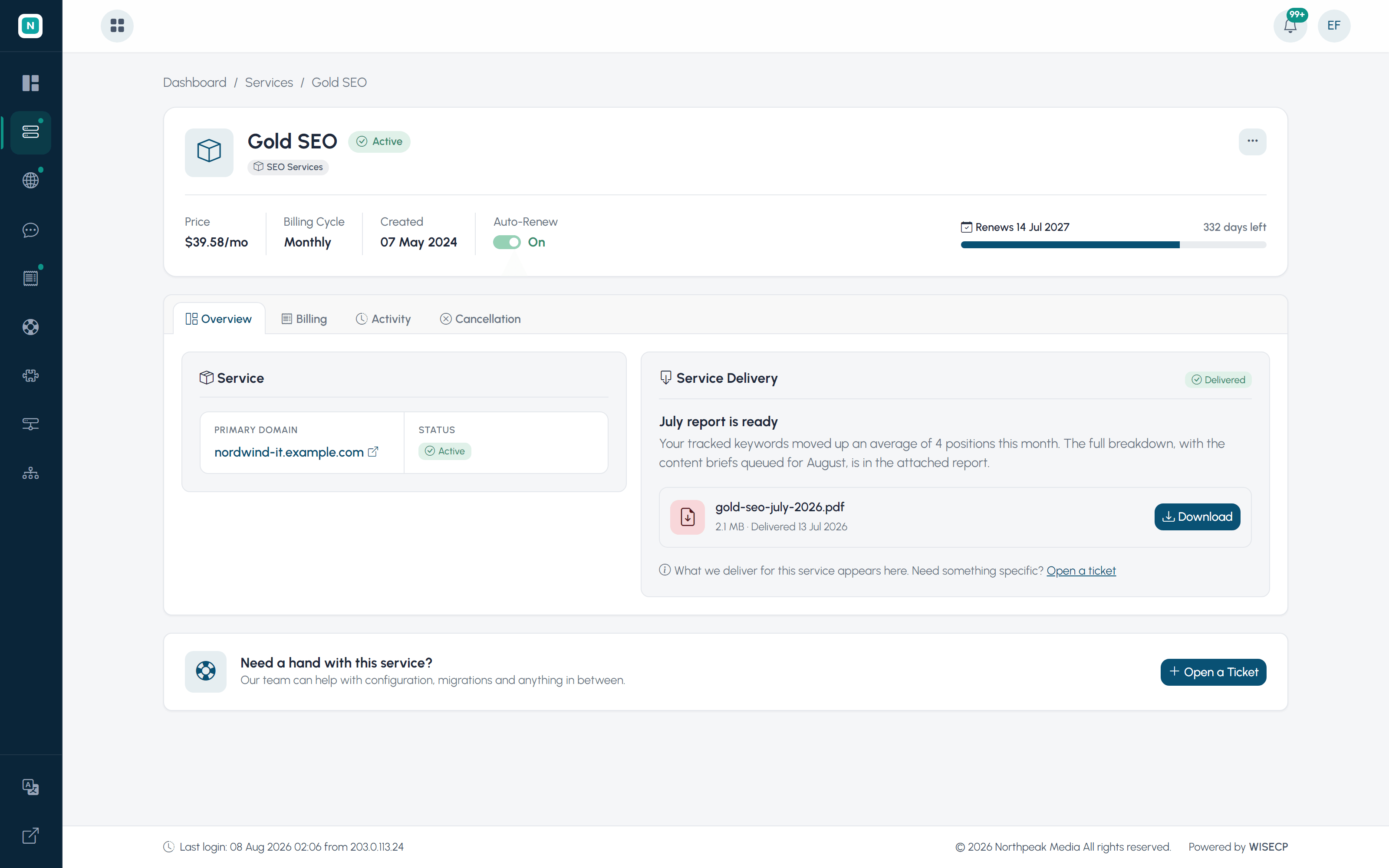 WISECP client area custom service: a Gold SEO plan with recurring billing and a delivered monthly report