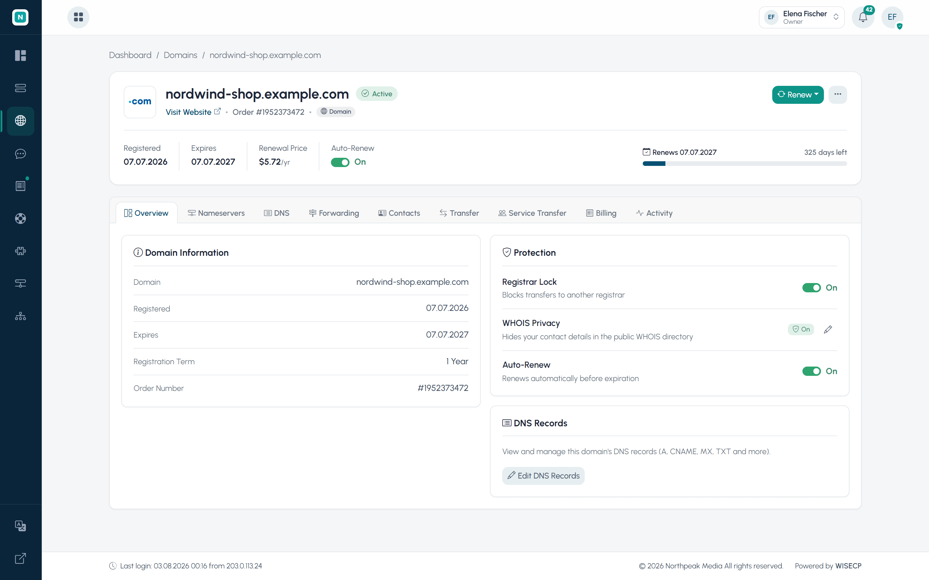 WISECP domain management: a domain with its registrar, expiration date, DNS and contacts