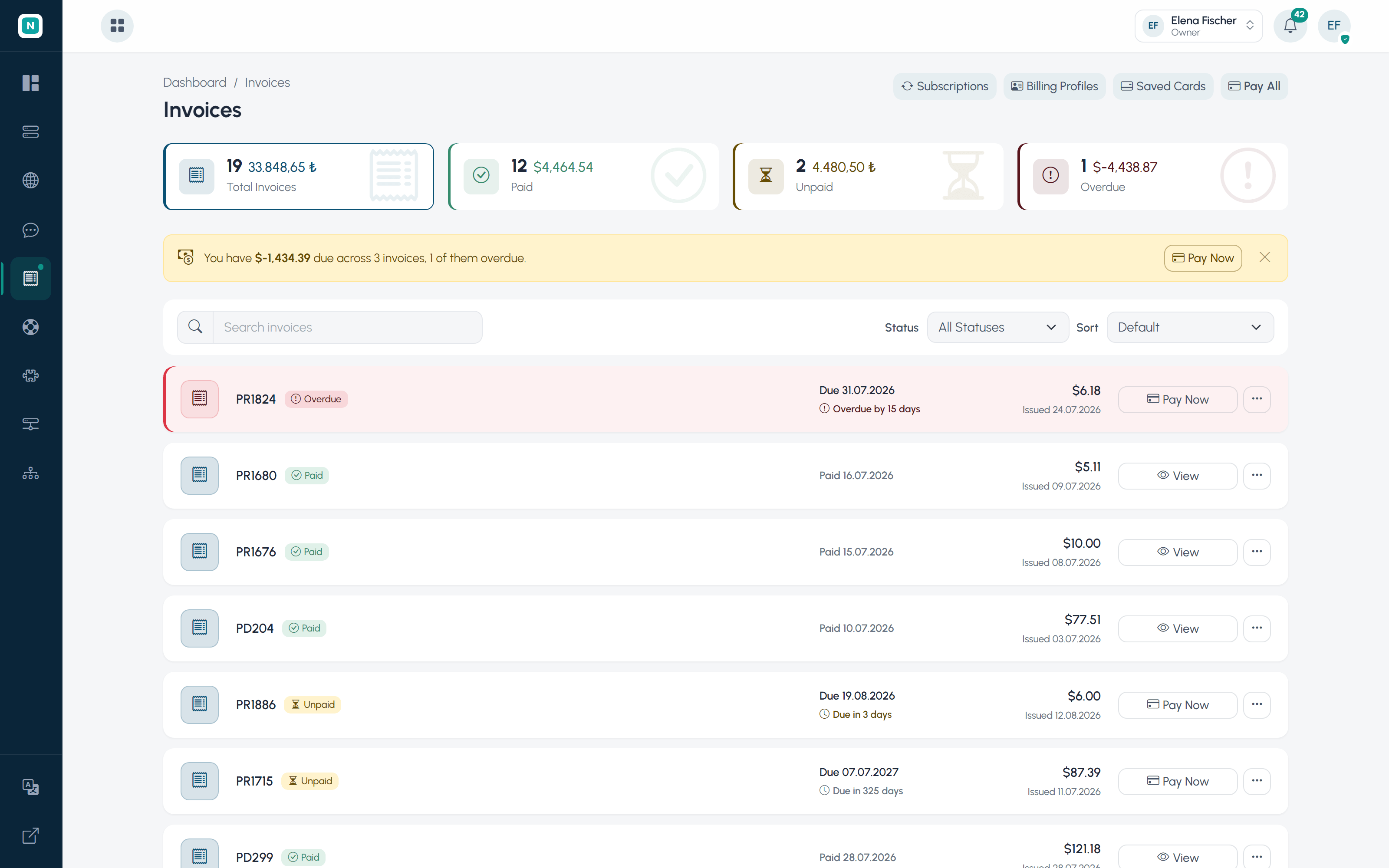 WISECP client invoice area with Pay All, billing profiles, saved cards and invoice statuses
