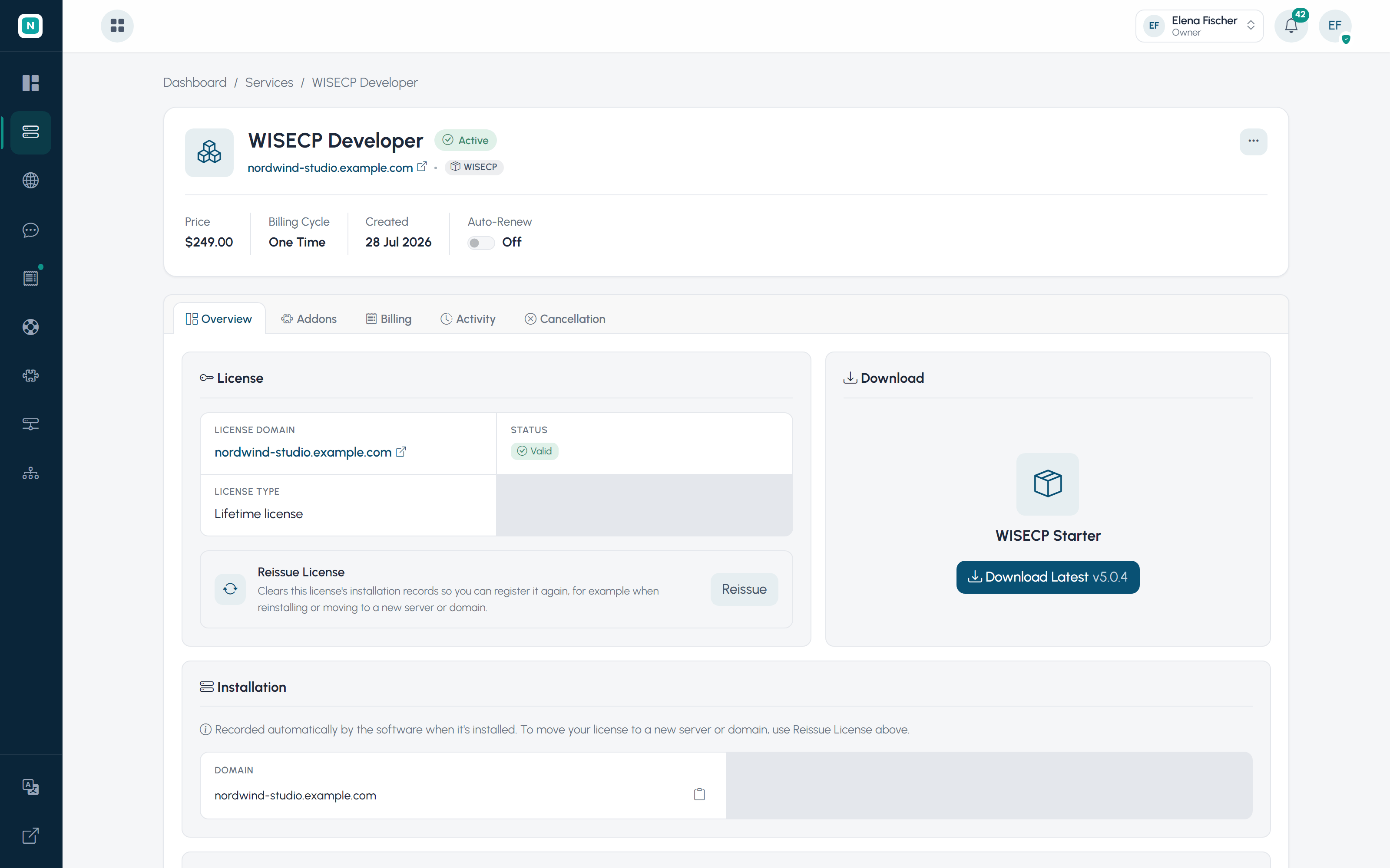 WISECP client area software service: license key, status, download and installation records