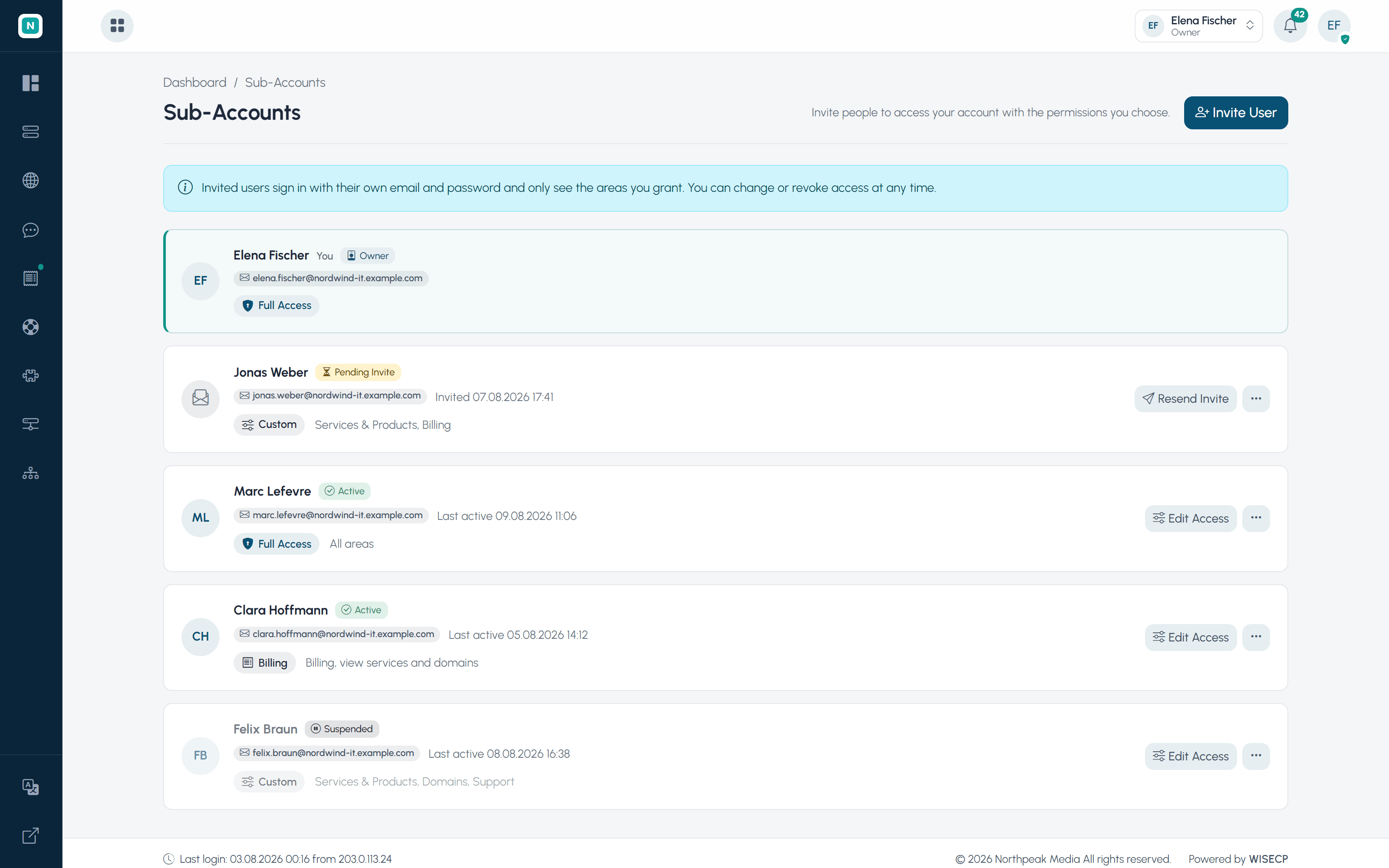 WISECP client portal sub-account list with owner, billing, support and custom access levels