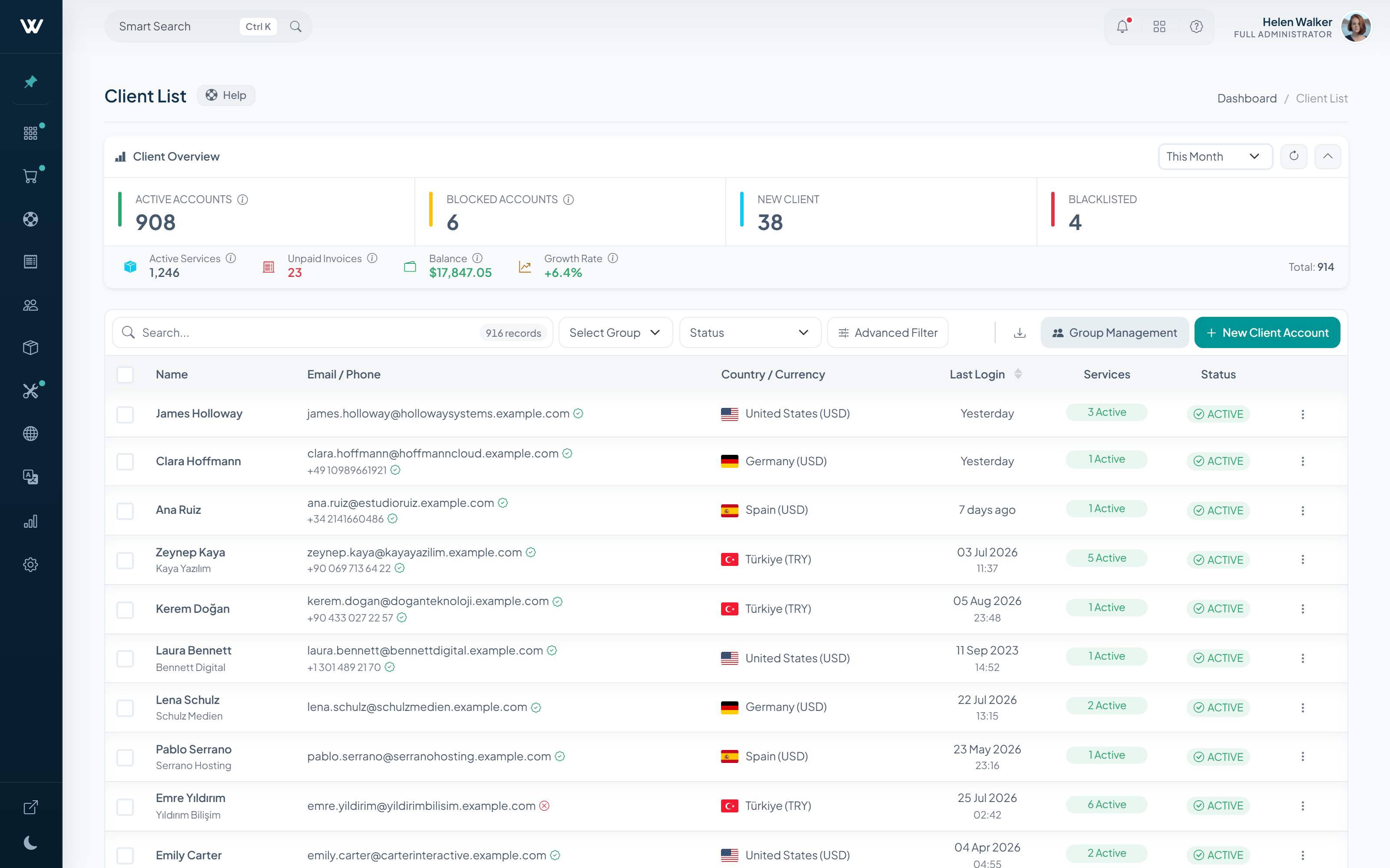 Client list with active, inactive and new client overview