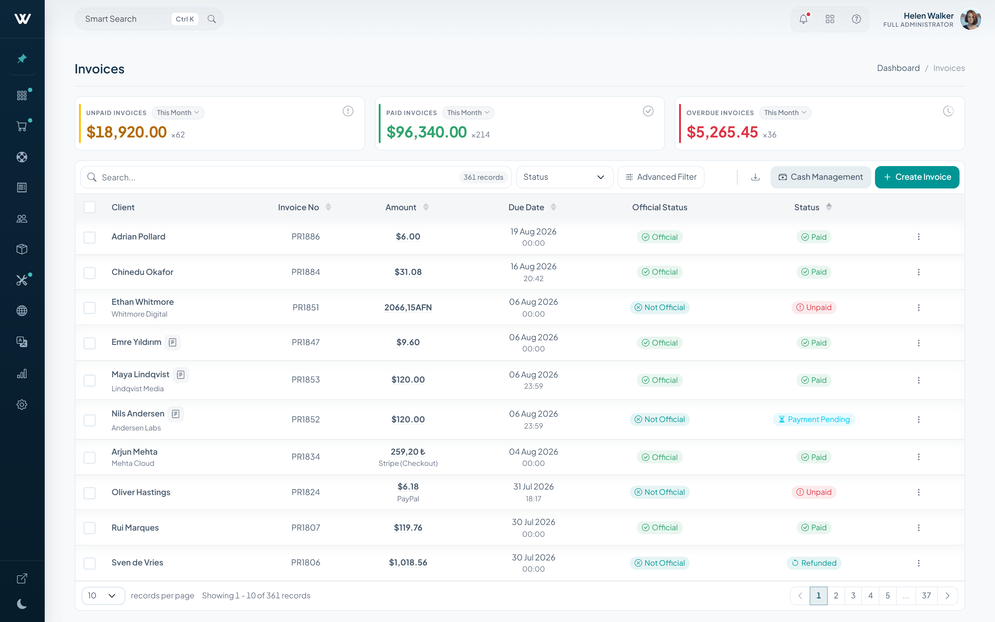 WISECP admin invoice list showing paid, unpaid, overdue and refunded invoices