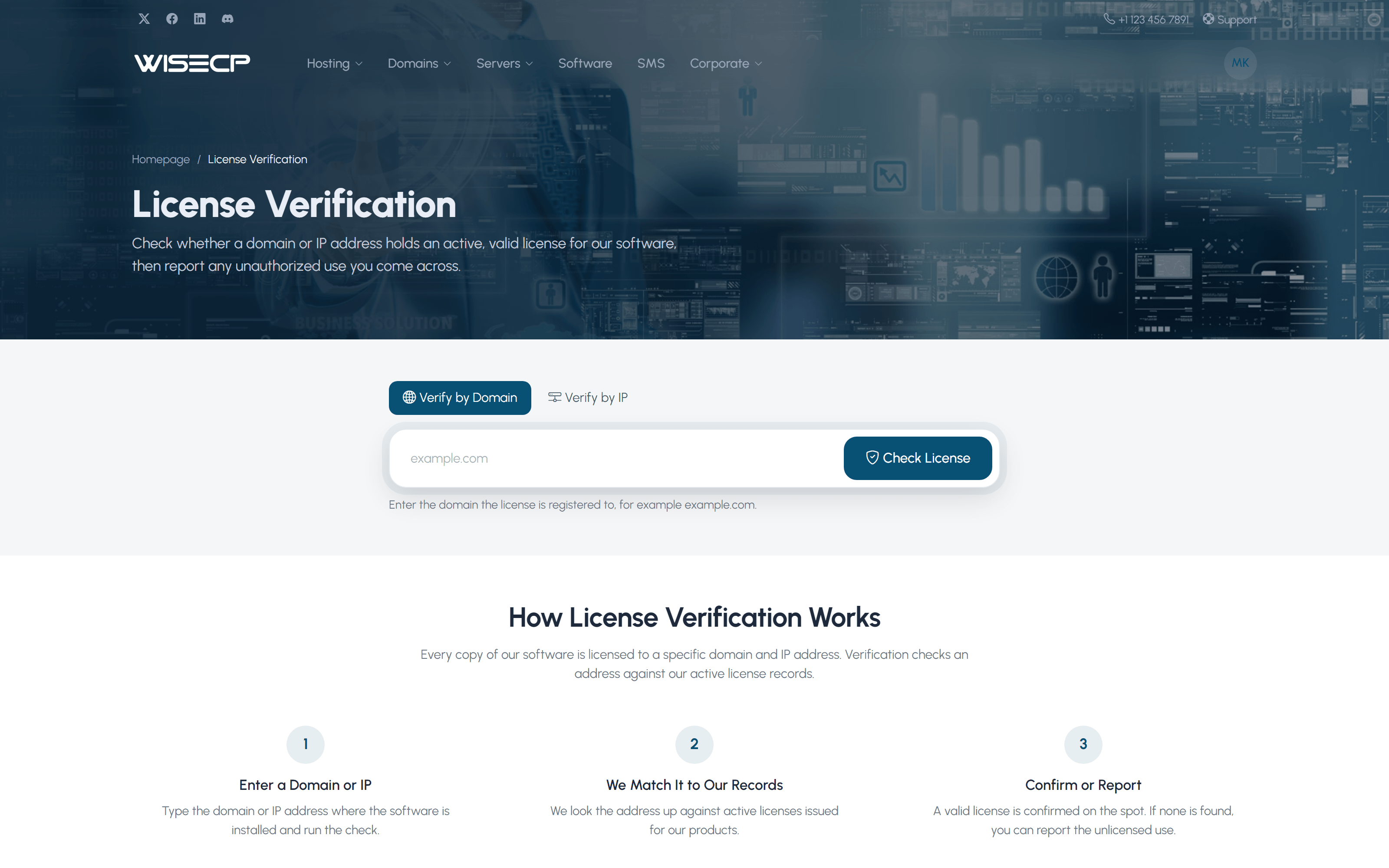 The public license verification page: check a domain or IP for a valid license