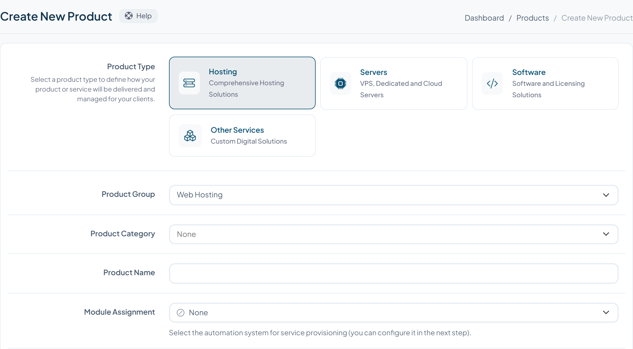 WISECP Create a New Product screen with Hosting, Servers, Software and Other Services product types
