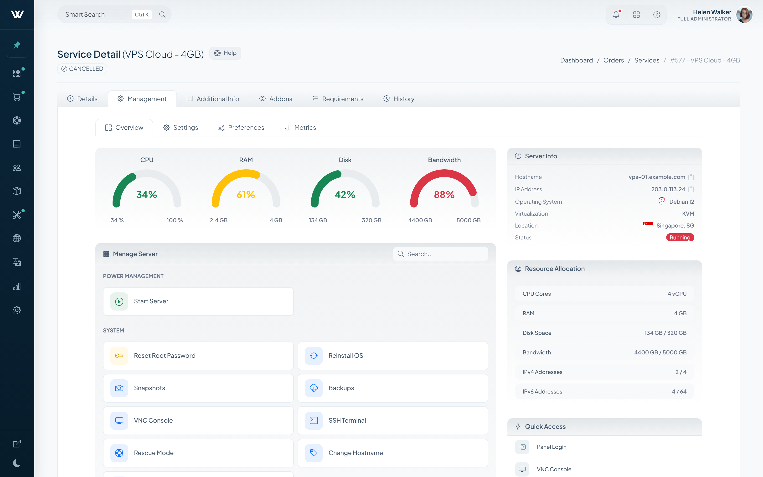 WISECP server service management: power controls, reinstall, snapshots and a VNC console with live resource gauges