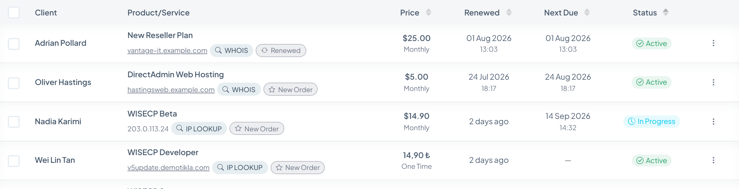 WISECP service list with client, order date, amount, payment and active service state