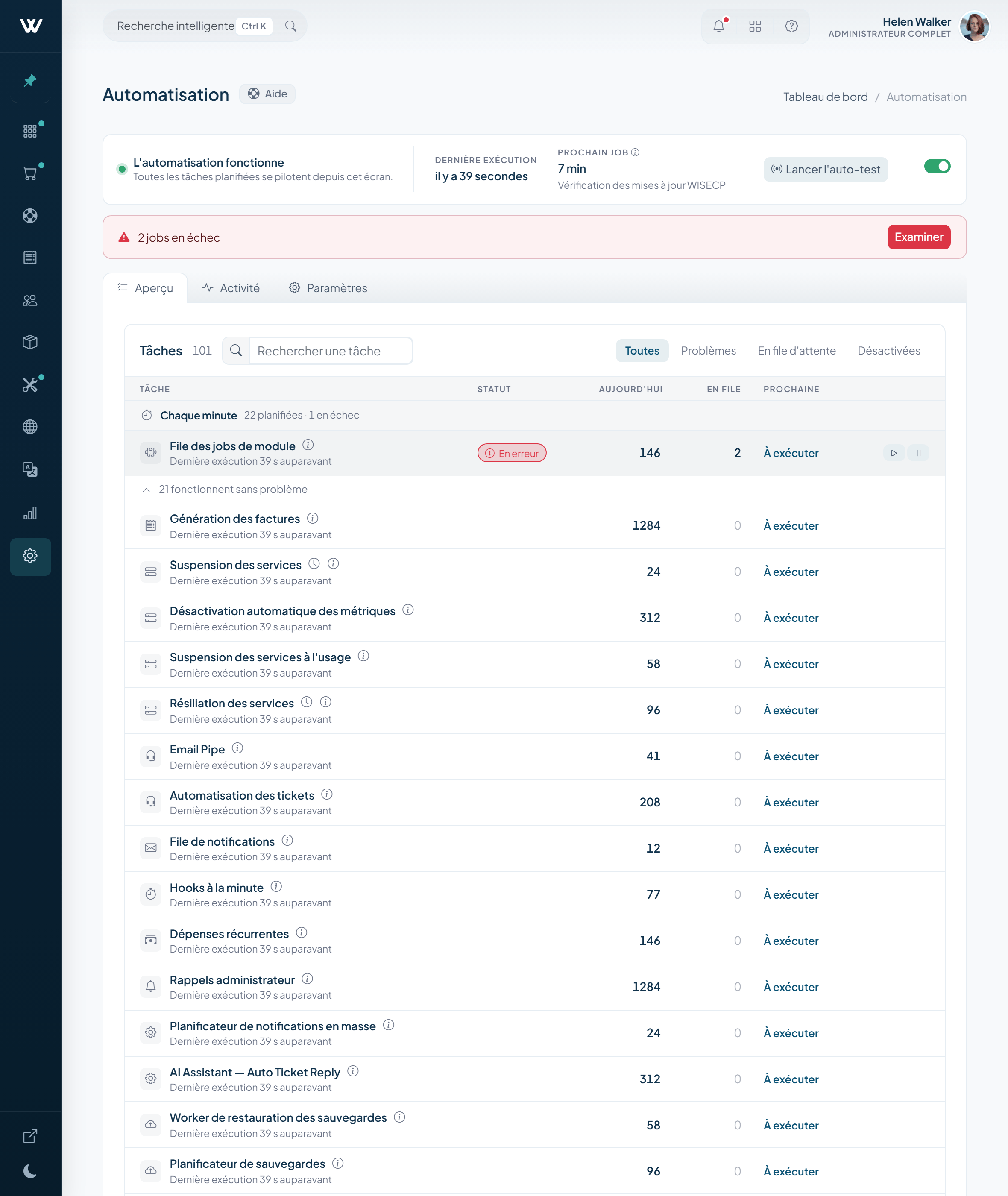 Centre d'automatisation WISECP v5 avec le catalogue de tâches, les contrôles d'exécution et l'état du système