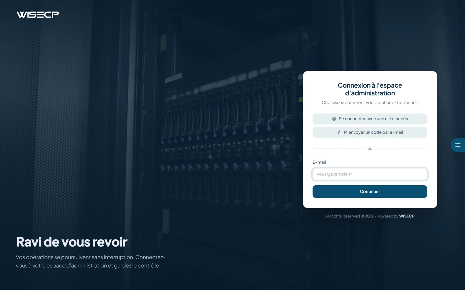 Connexion à l'administration WISECP v5 avec un accueil personnalisé, une clé d'accès et un code par e-mail