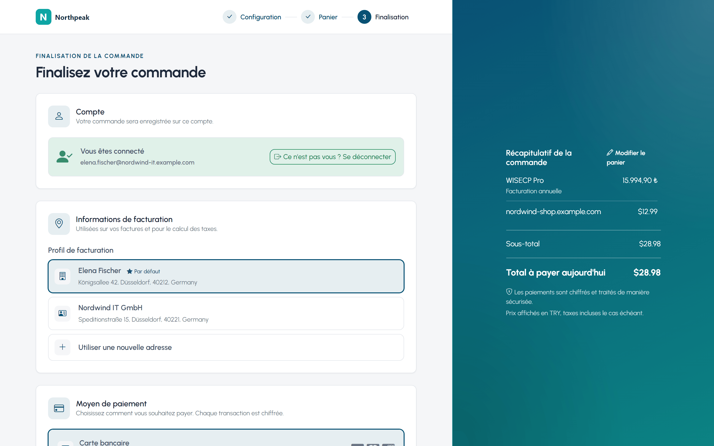 Finalisation de commande WISECP avec le récapitulatif dans un rail fixe, mise en page Rail